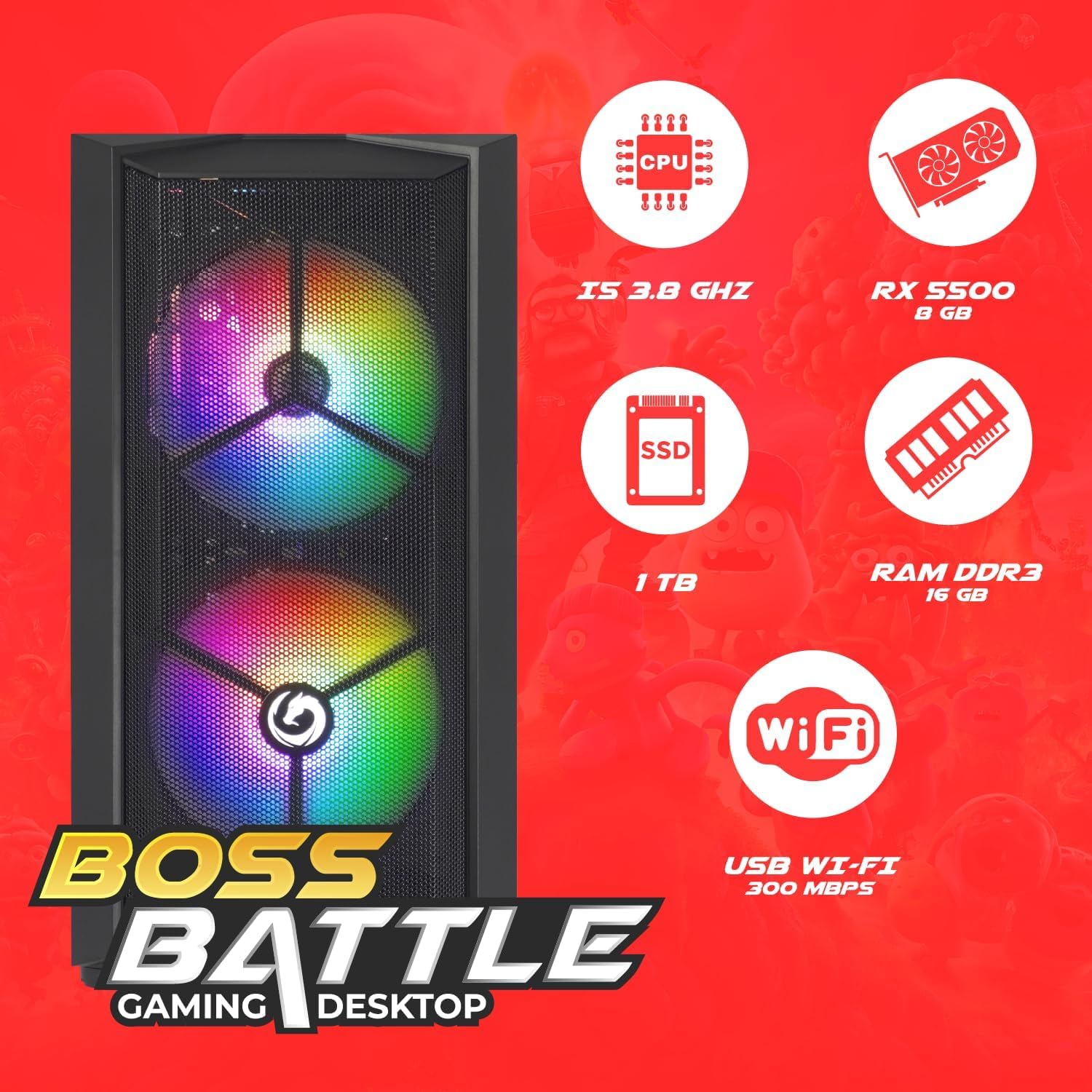 Nuwo PC Gaming Fisso Completo Preassemblato | Core i5 fino a 3.8GHz | RX 5500 8GB | 16GB RAM | SSD 1TB | Monitor 23.8" Full HD | Tastiera e Mouse Gaming Inclusi | Win 11 Pro | Boss Battle Setup