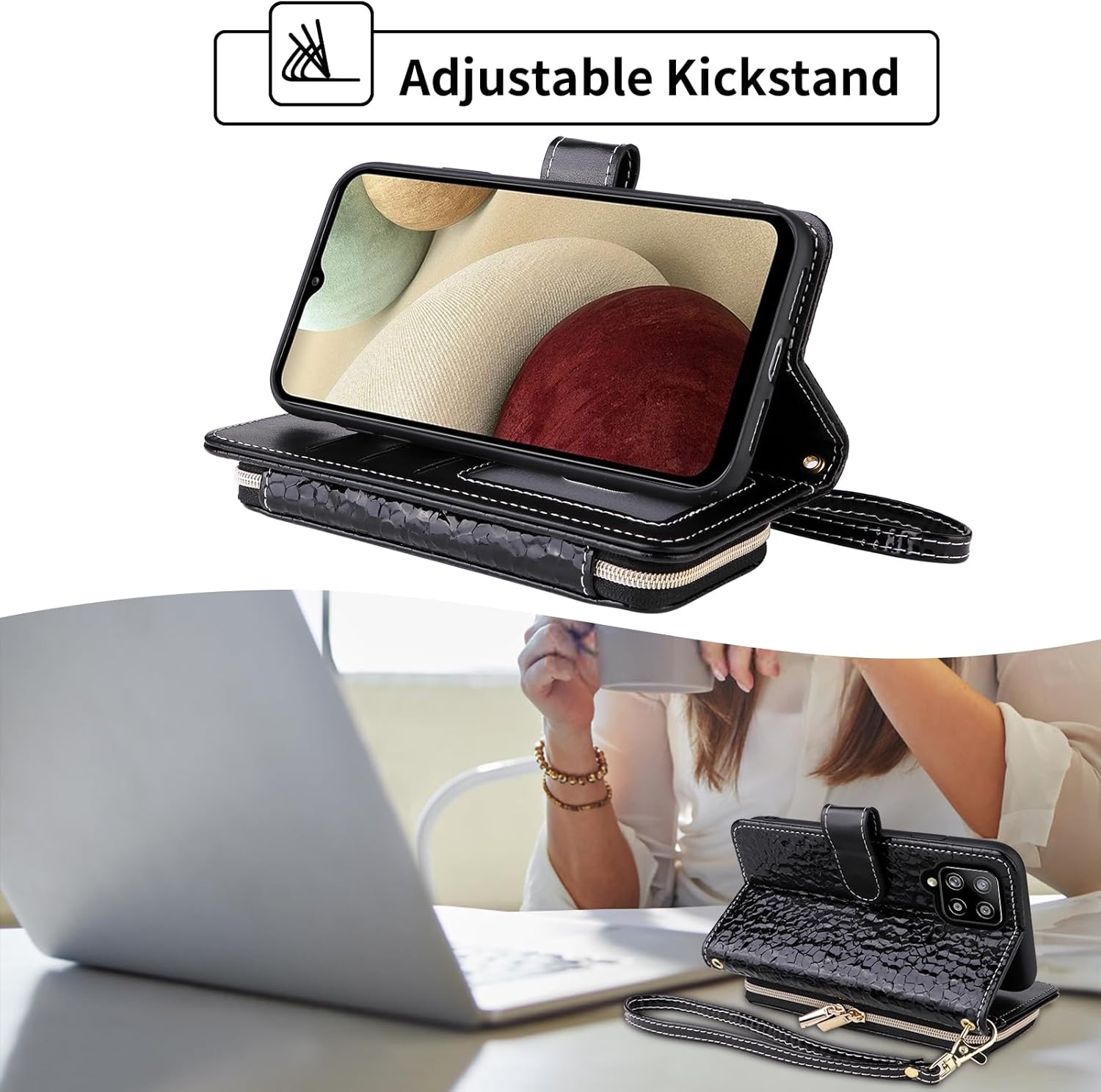 Argyle Wallet Case for Samsung Galaxy A42 5G with Crossbody/Wrist Strap Lanyard Luxury PU Leather Stand Zipper Purse Shockproof Card Holder Cell Phone Cover for A 42 G5 42A S42 4G 2021 Black