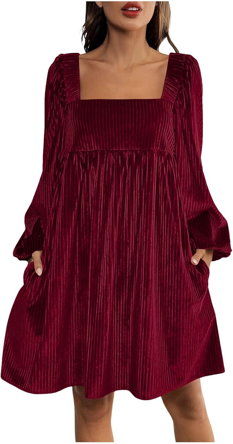Oplxuo Womens Velvet Mini Babydoll Dresses Square Neck Long Sleeve Loose Fit Christmas Dress Evening Party Cocktail Dresses