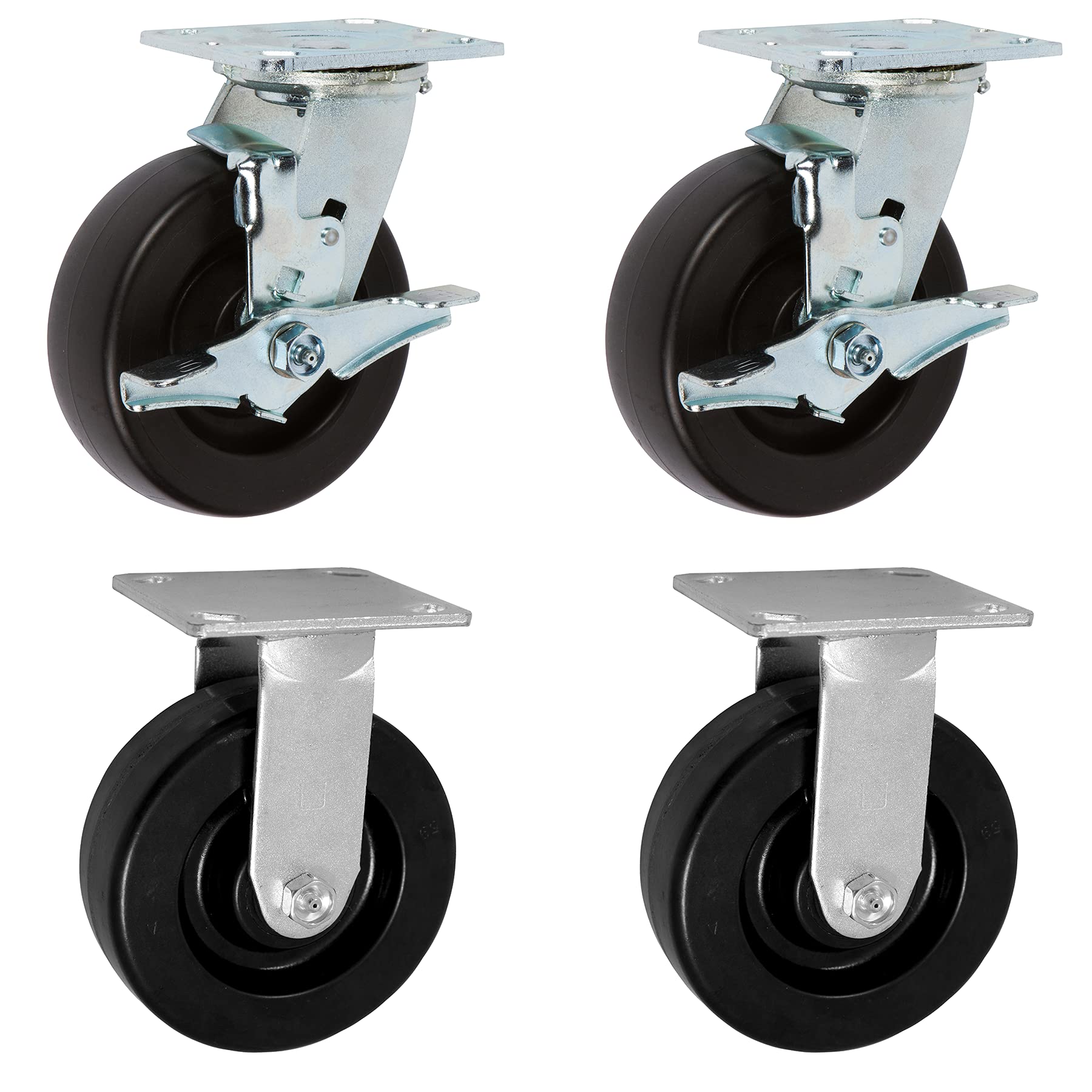 ICON Caster Wheels 6" x 2" PHN Heavy Duty Industrial Casters, Top Plate 4" x 4.5", Black, 2 Rigid 2 Swivel w/Top Lock Brake, Non-Marking Phenolic