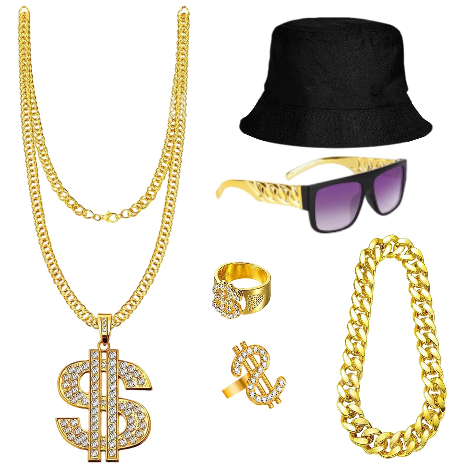 6Pcs Hip Hop Costume kit, 80s 90s Hip Hop Fancy Dress Accessories with Gold Dollar Sign Necklace Rings Sunglasses Fake Gold Chain Cap, Rapper Fancy Dress Accessories for Halloween Disco Carnival