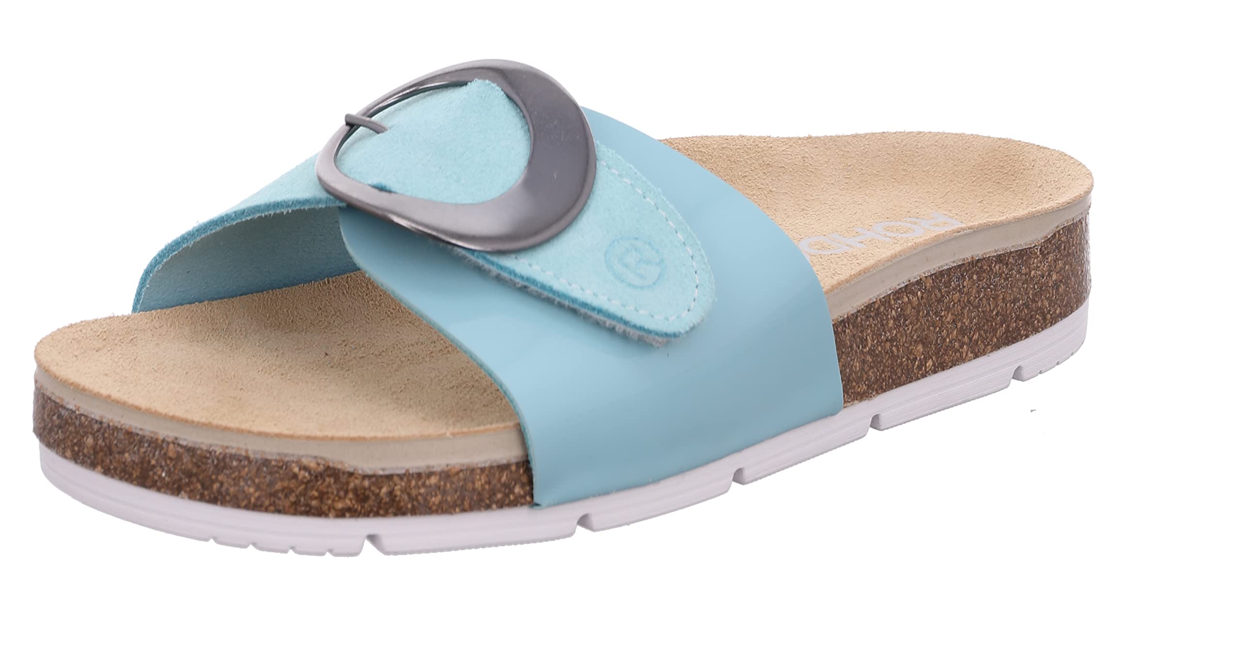 Rohde Elba 1705 Women's Mules Leather Buckle Velcro Cork Footbed, Turquoise, 7 UK