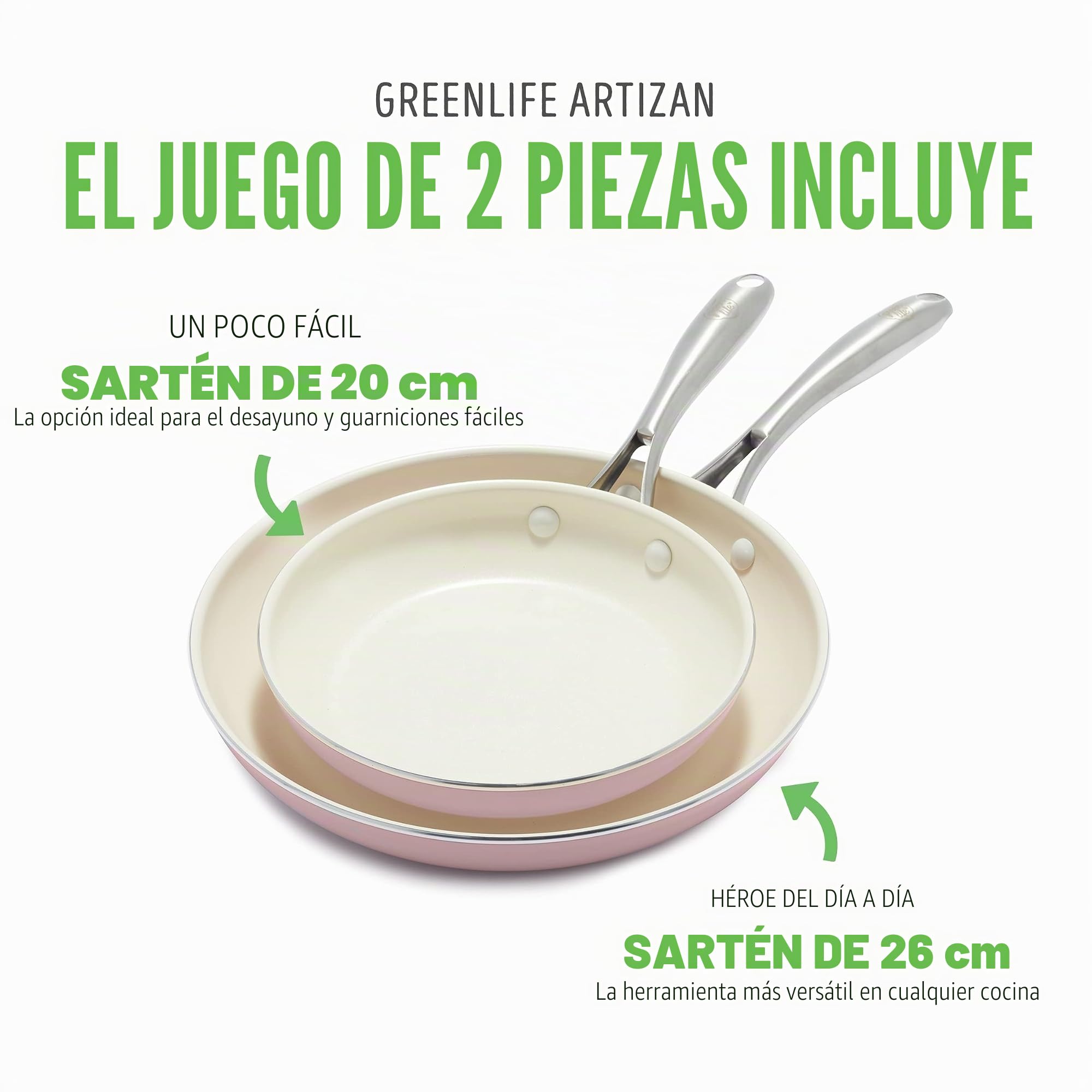 GreenLife Artizan Juego de Sartenes de Cerámica Antiadherente, Libre de PFAS, Apto para Inducción, Apto para Lavavajillas, Apto para Horno,Rosa