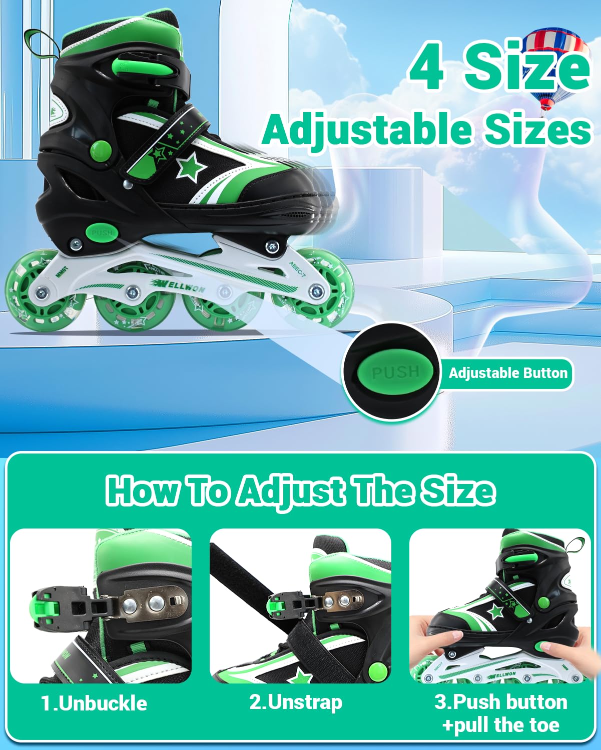 WELLWON Inline Skates for Boys Ages 3-6 - Blue Adjustable Kids Roller Blade for Beginner, Fun Illuminating Inline Skate Shoes Outdoor and Indoor