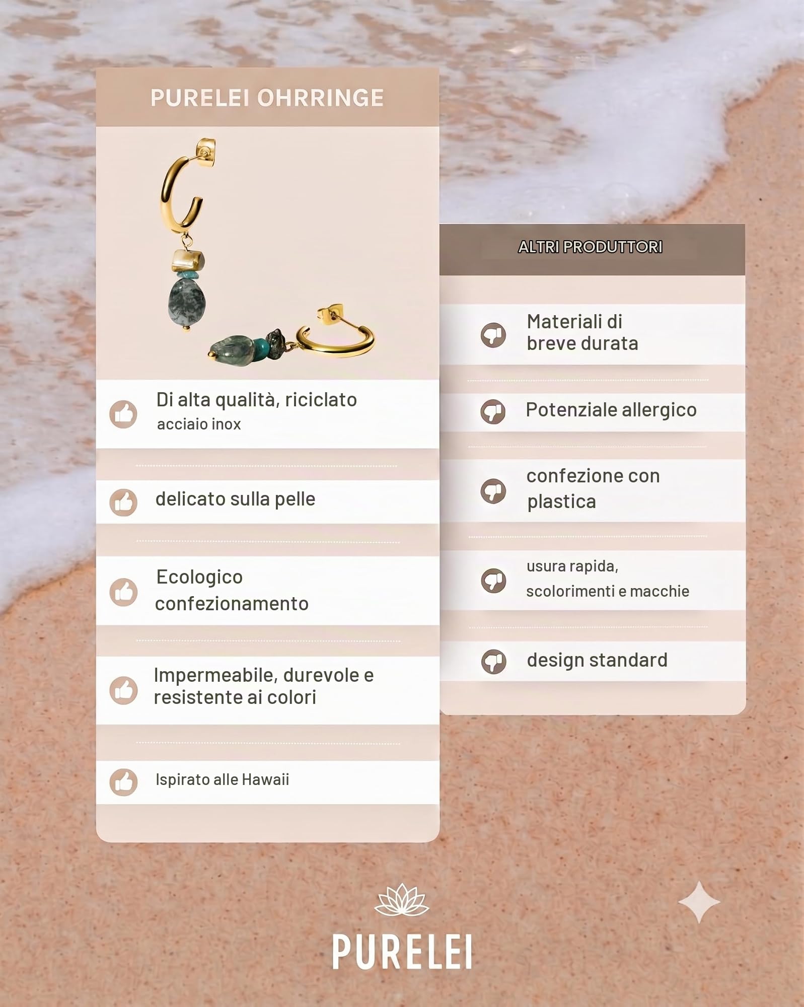 Purelei® Island Dream - Orecchini a cerchio con amazzonite, agata verde e giada di albite, in acciaio inox placcato oro 18 carati, 37 mm, stile bohémien estivo