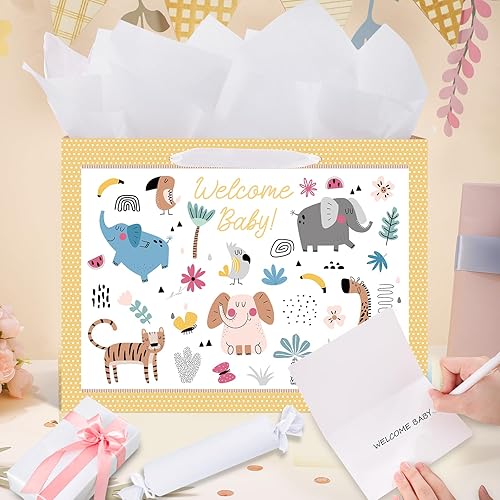Miniatura 5 de woric Bolsa de regalo de bebé de 14.5 pulgadas para baby shower con papel de seda y tarjetas de felicitación para fiestas de cumpleaños de niños y