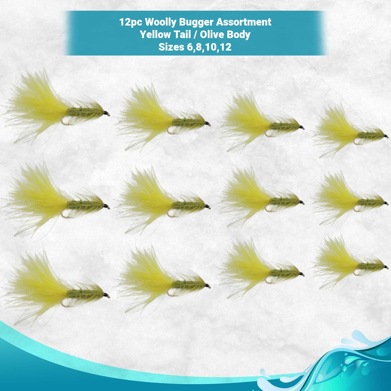 Feeder Creek Fly Fishing Flies | Woolly Bugger Flies, 12pc Flies for Fly Fishing | Trout Flies and Bass Flies | 4 Size Fly Fishing Assortment | Streamer Flies (Olive and Yellow)