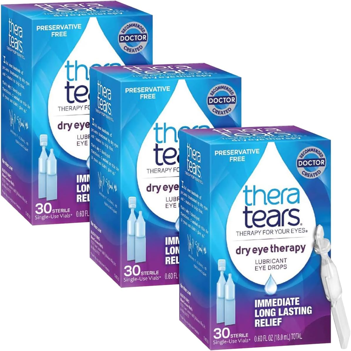 Thera Tears Dry Eye Therapy Lubricating Eye Drops for Dry Eyes, Preservative Free eye drops, 30 Single-Use Vials (Pack of 3)