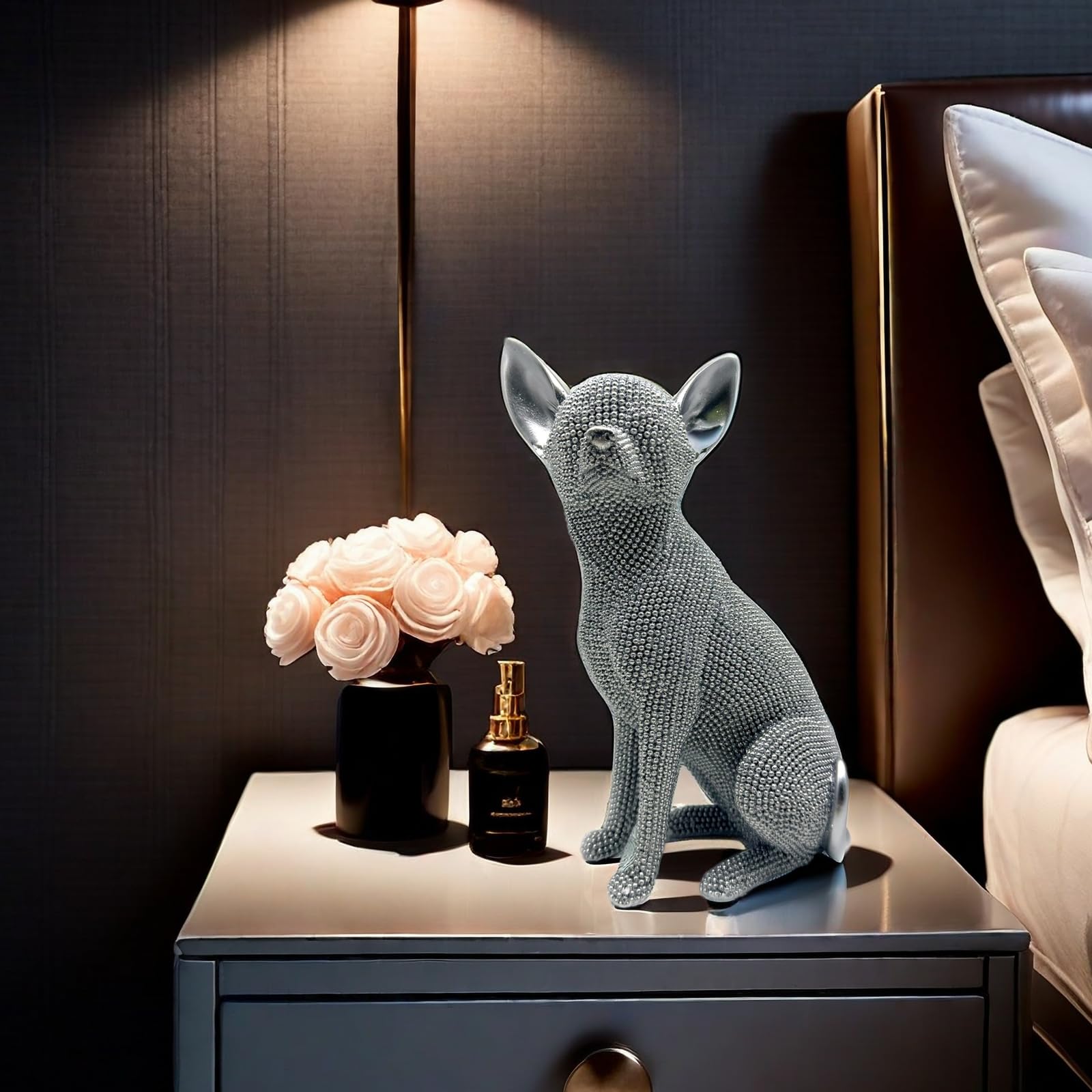 FUNSXBUG Abstrakte Chihuahua-Hunde-Kunststatue, Figuren, Skulptur, Sammlerstücke, Zuhause, Büro, Wohnzimmer, Desktop-Display, Dekoration (Silber)