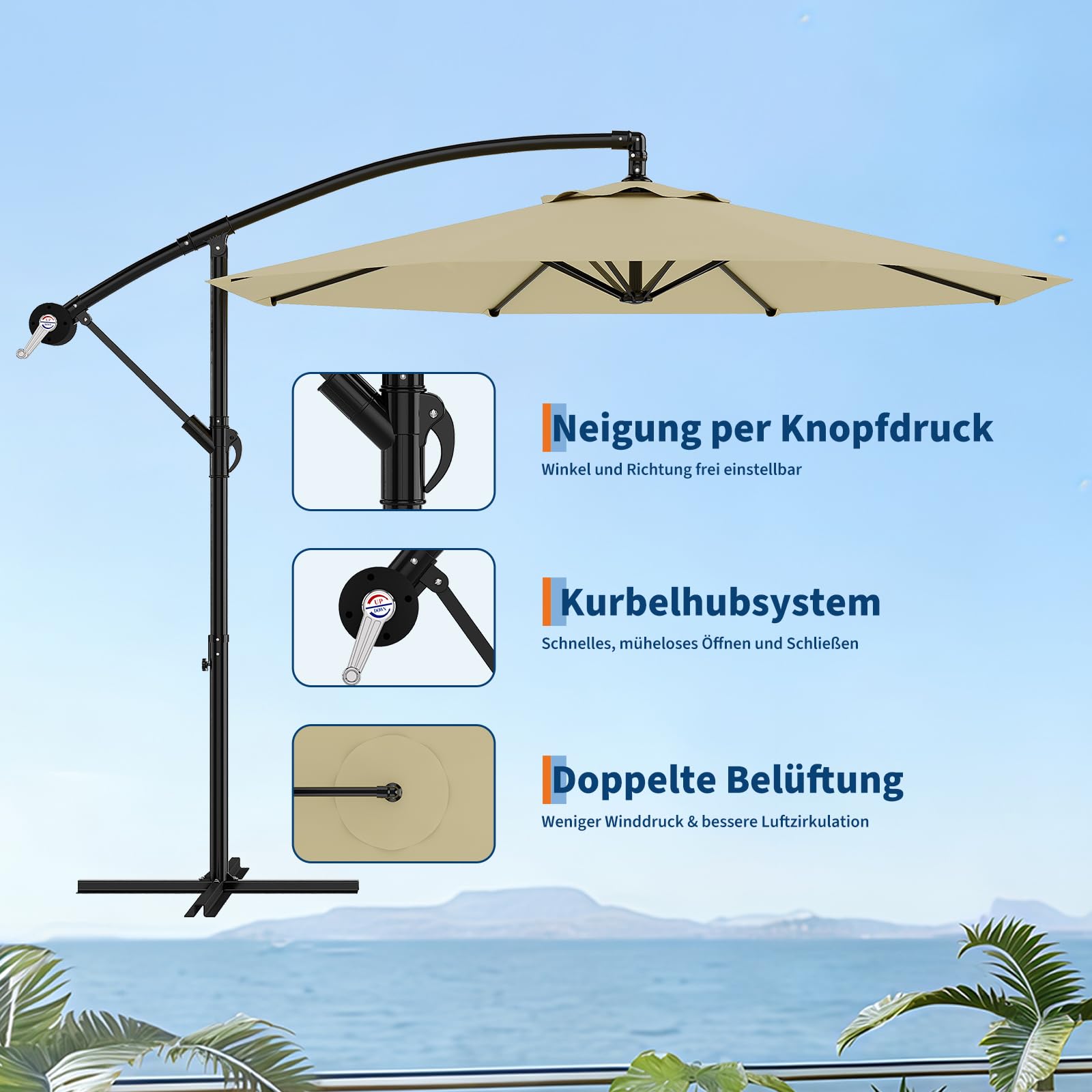 GarveeLife Sonnenschirm Ø 300 cm, Ampelschirm mit Kurbel | Sonnenschirm mit Ständer & Windschutz | Gartenschirm UV-Schutz wasserdicht | Kurbelschirm für Terrasse & Balkon