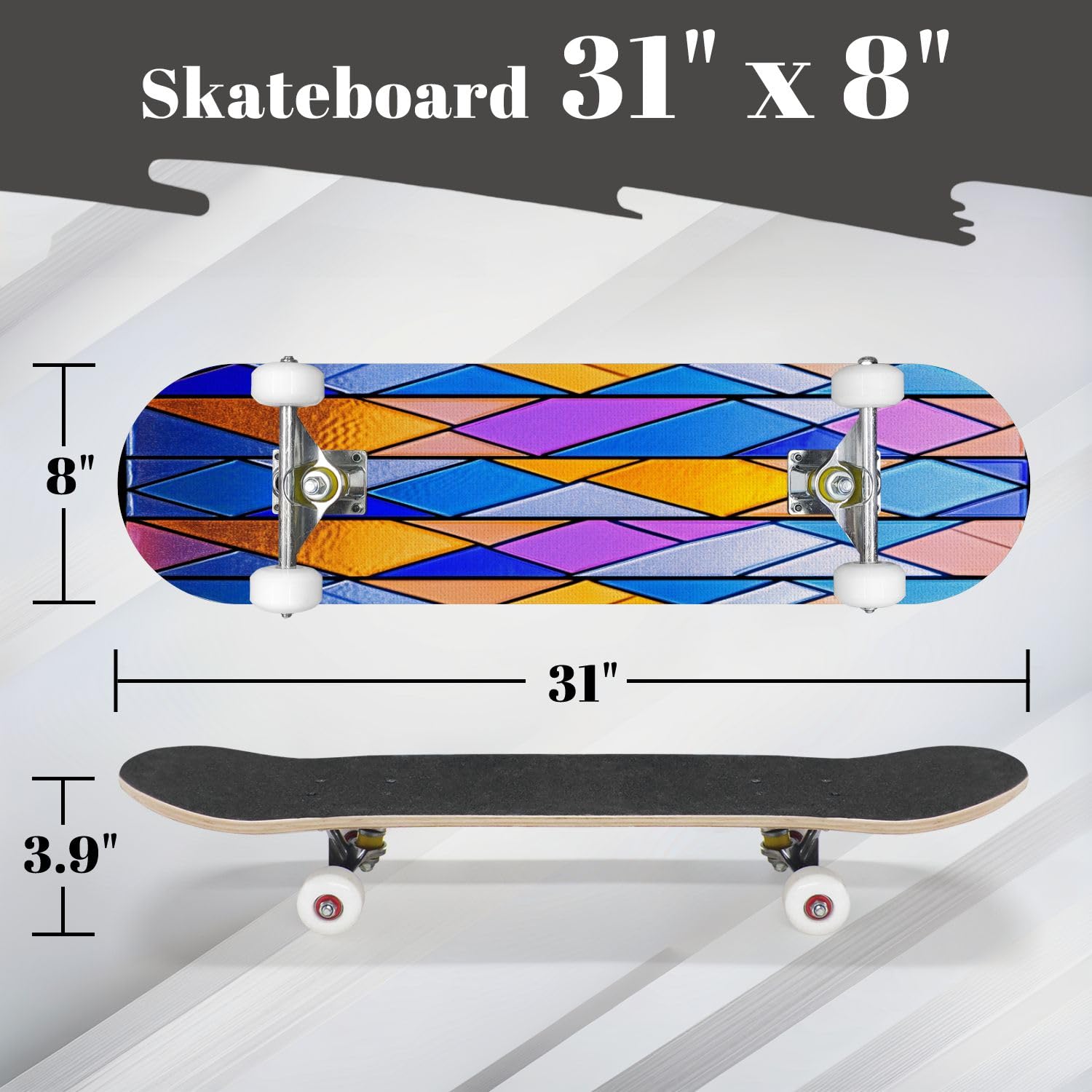 Complete Skateboard with Sketch Colorful Stained Glass Window Abstract Stained Decor for Beginner Skateboard 7-Layer Maple Wood Double Kick Concave Skateboards for Kids, Adults, Teens 31
