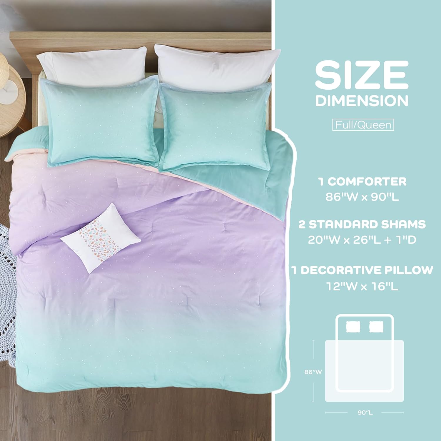 Intelligent Design Queen Comforter Set Full Bed Reversible Colorful Metallic Glitter Ombre Printed Modern, All Season Bedding Set, Sham & Toss Pillow, Glimmer Pink Purple Rainbow Full/Queen 4 Piece