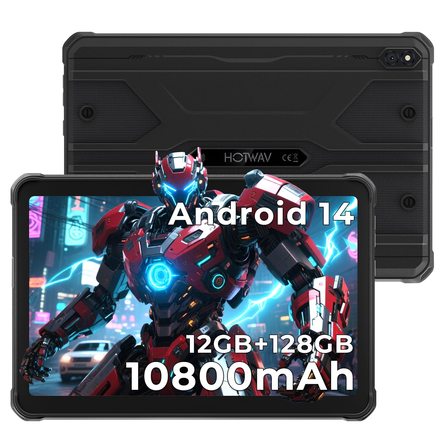 HOTWAV R8 12Go+128Go/TF 1To 10800mAh 10.1" Android 14 Tablette Incassable | 13MP+5MP Caméra HD+ Octa-Core Tablette Chantier, Dual SIM/4G/WLAN 5GHz/IP68&IP69K/Face ID/GPS/OTG, Noir