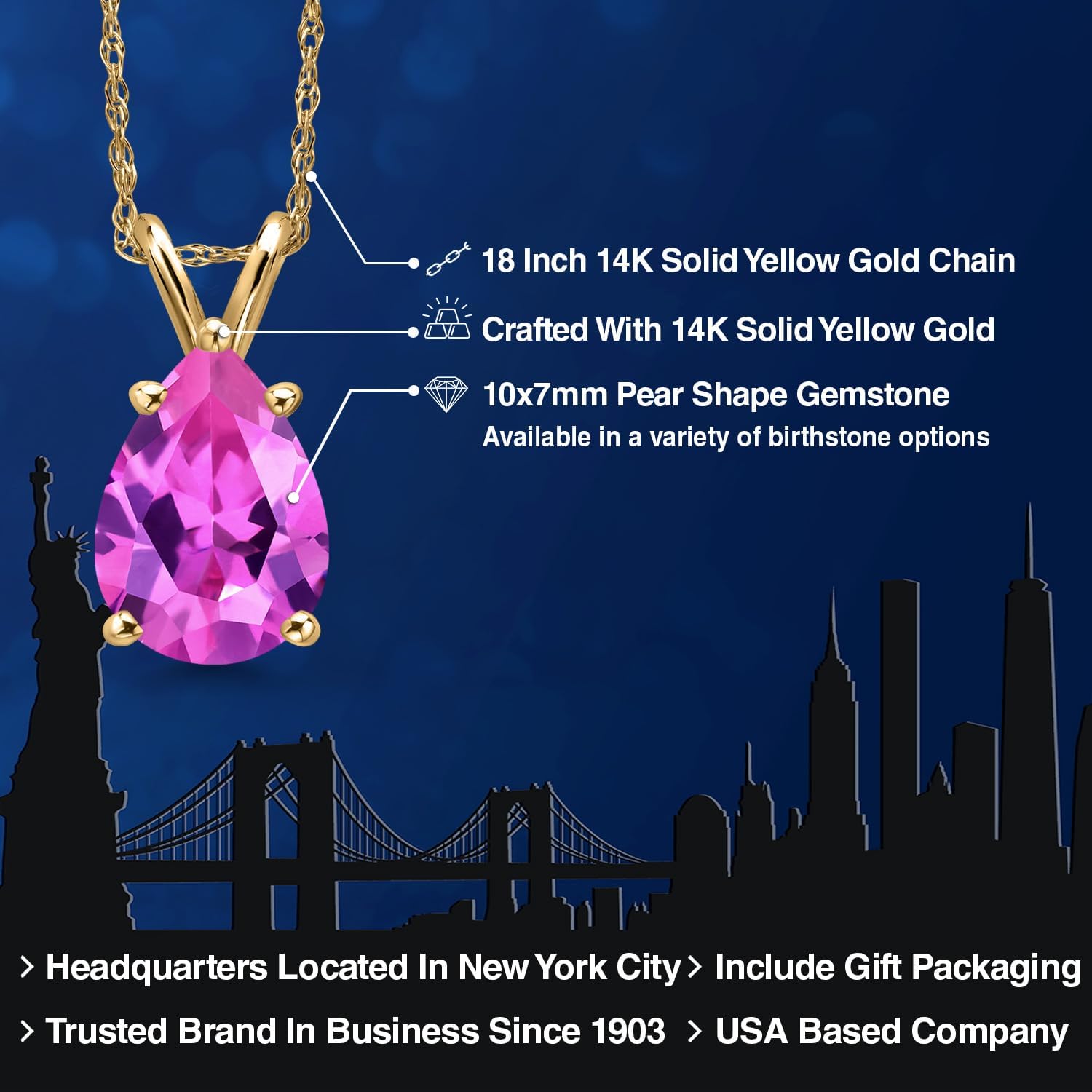 Gem Stone King 14K Yellow Gold Pink Created Sapphire Pendant Necklace for Women | 2.41 Cttw | Gemstone September Birthstone | Pear Shape 10X7MM | With 18 Inch Chain - Image 2