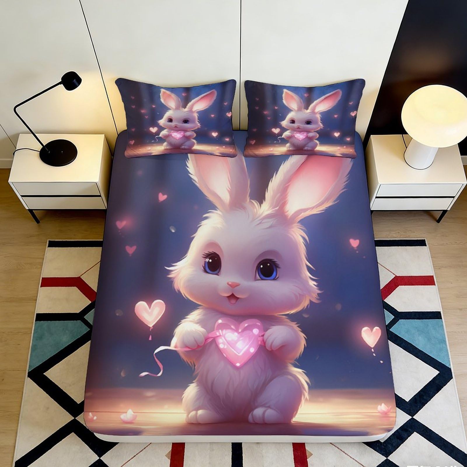 3D Printed Cute Bunny Fitted Sheet Microfiber Deep Pocket Non-Slip Bunny Mattress Fitted Cover Washable for Bedroom Bedding 120x200x25cm