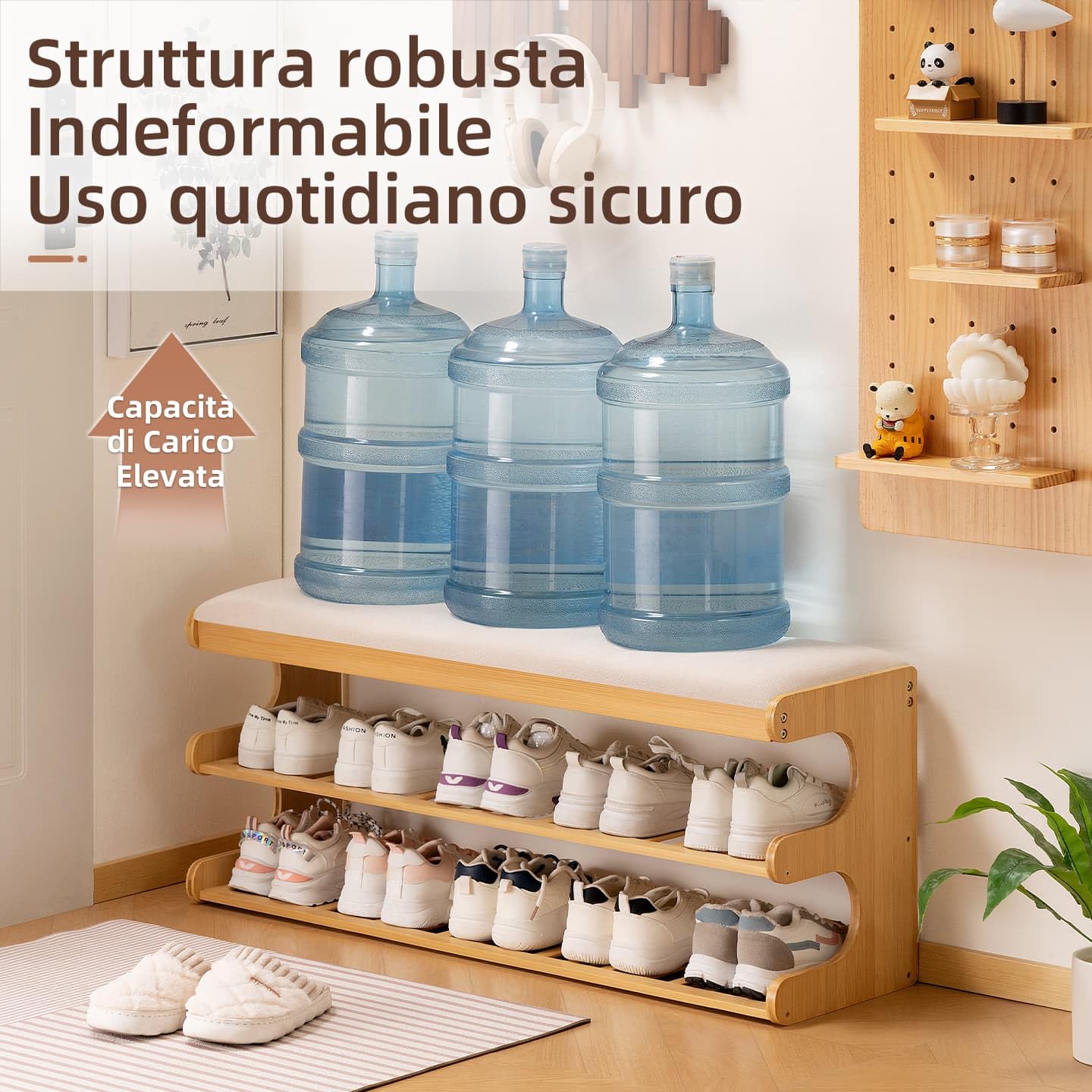 Panca Scarpiera Bambù con Seduta Imbottita, Porta Scarpe (cuscino bianco)