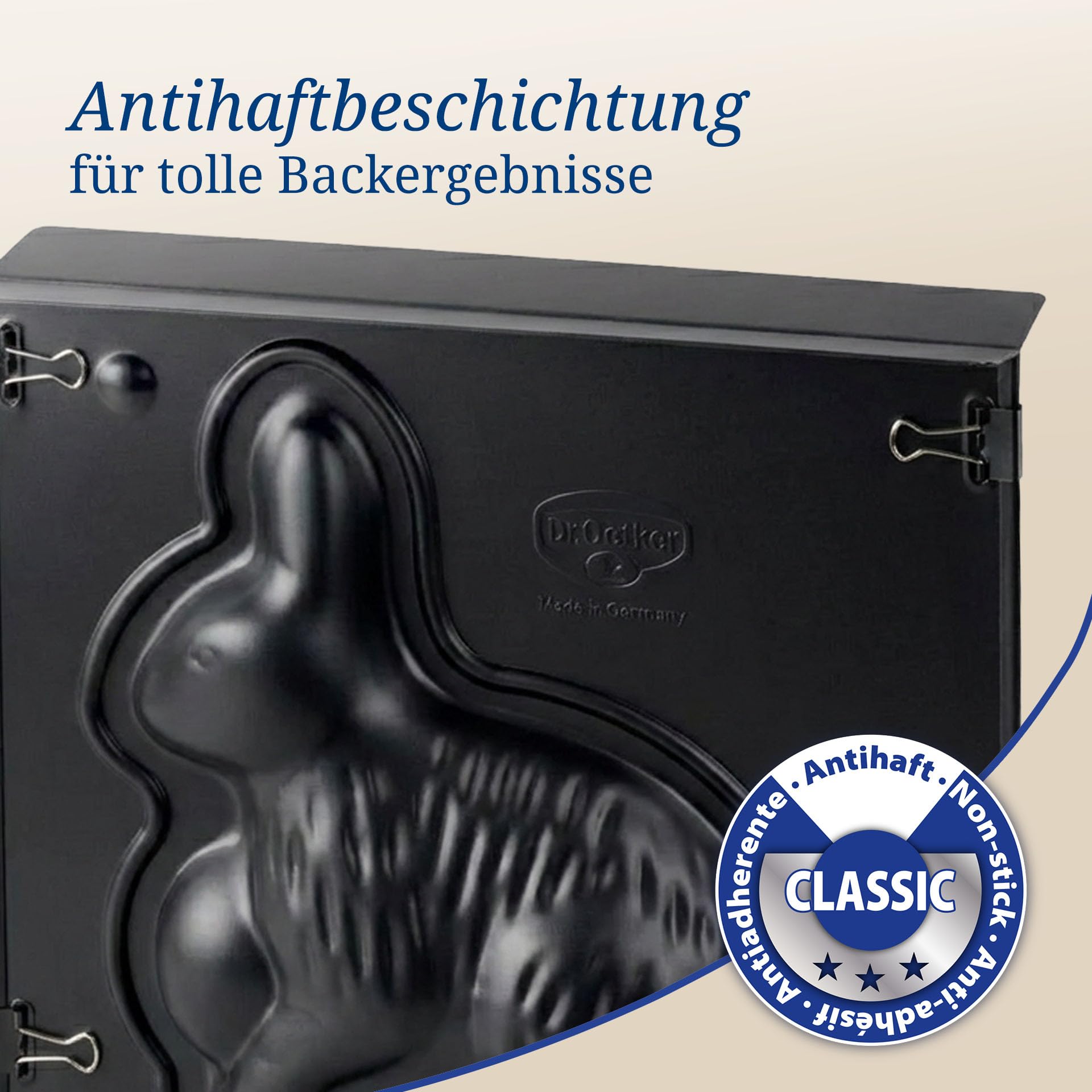Dr. Oetker Vollbackform Hase – 3D Hasenbackform aus Stahlblech mit Antihaftbeschichtung, inkl. Verschlussklammern, Hitzebeständigkeit: +230 °C, Reinigung per Hand, Made in Germany Hase 600ml - 5