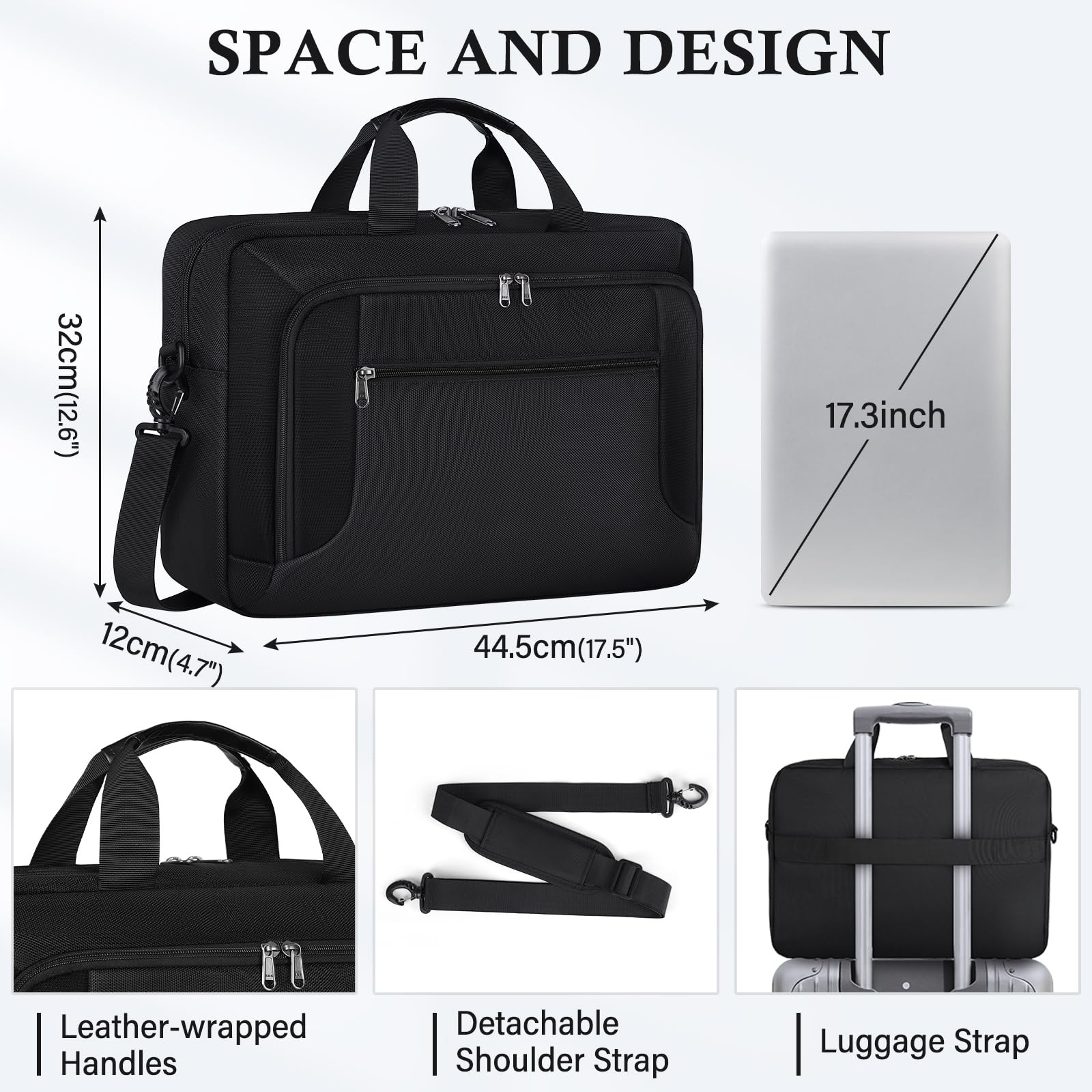 RAINSMORE Bolso Ordenador Portatil Hombre 17.3 Pulgadas Bandolera Hombre Bolsa Maletin Portatil Grande Bolsos Maletin Trabajo de Portadocumentos para Viaje Universidad Oficina Impermeable Negro