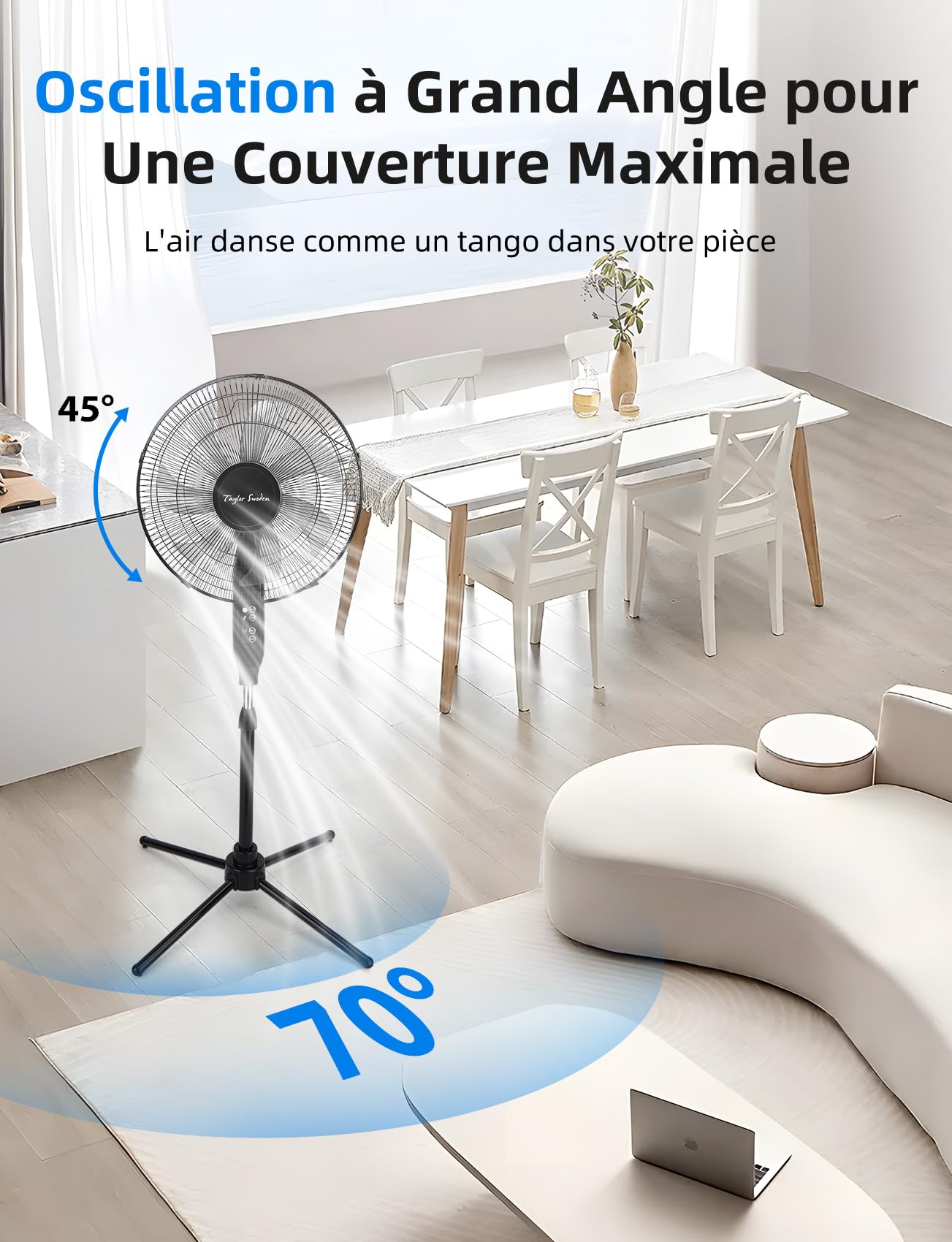 Taylor Swoden Ventilateur sur Pied avec Télécommande, Minuterie 9h, 50W Ventilateur Silencieux Puissant, 3 Modes/3 Vitesses, 7 Pales Oscillantes 70°, Hauteur Réglable 115-130cm
