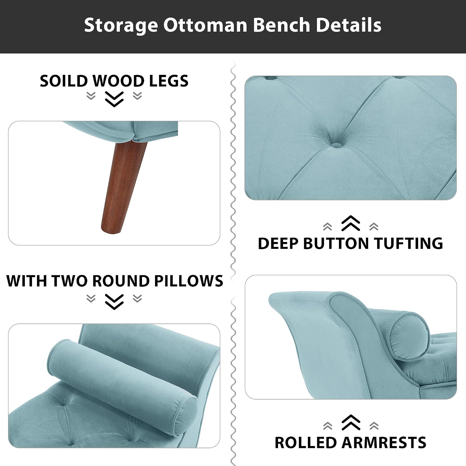 Velvet Storage Bench for Bedroom End of Bed with 2 Pillow, Upholstered Button Tufted Storage Ottoman Bench Footstool Rolled Arm Solid Wood Legs for Entryway Living Room Dining Room (Blue)