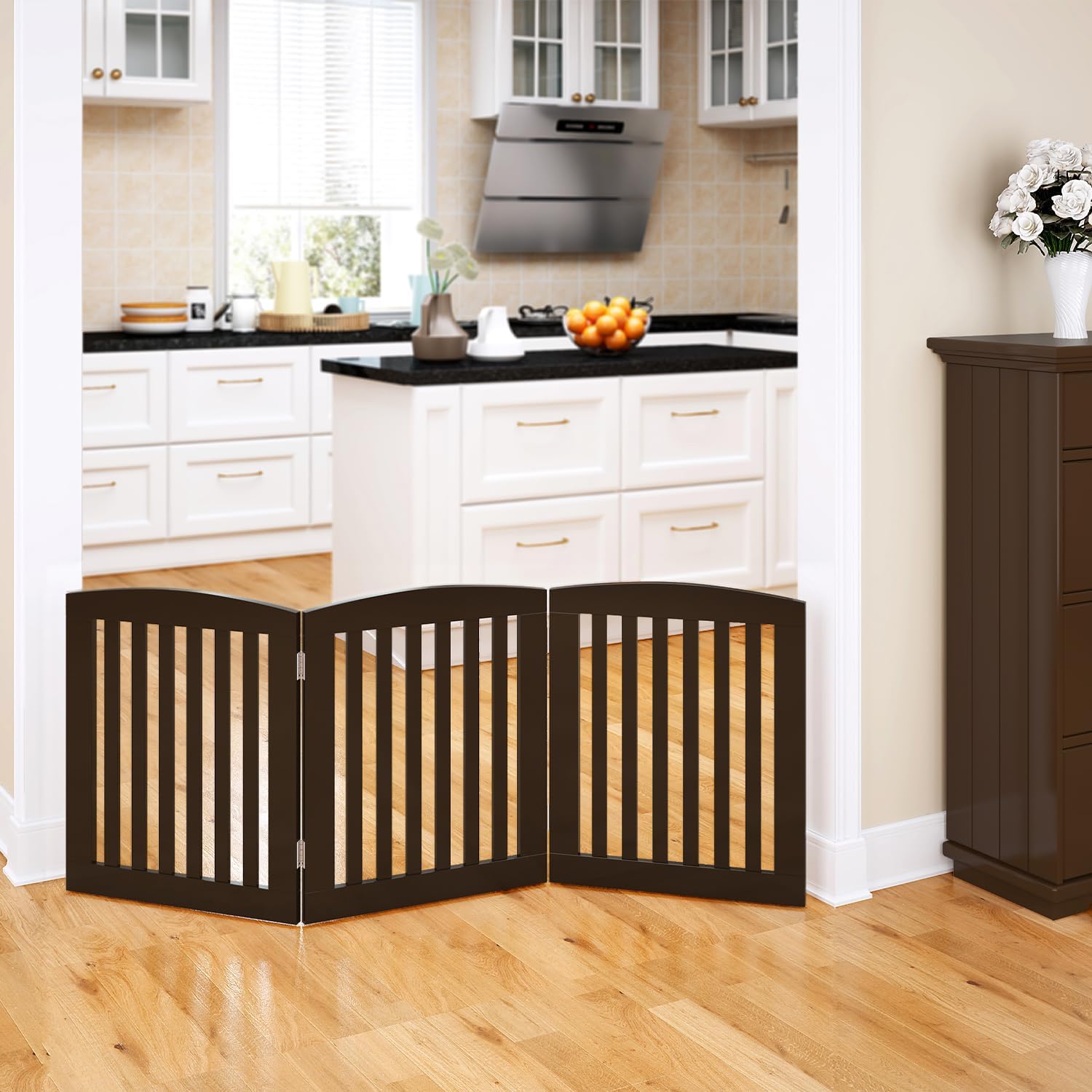 PAWLAND Wooden Freestanding Foldable Pet Gate for Dogs, 24 inch 3 Panels Step Over Fence, Dog Gate for The House, Doorway, Stairs, Extra Wide (Espresso, 24" Height-3 Panels) Espresso 24" Height-3 Panel