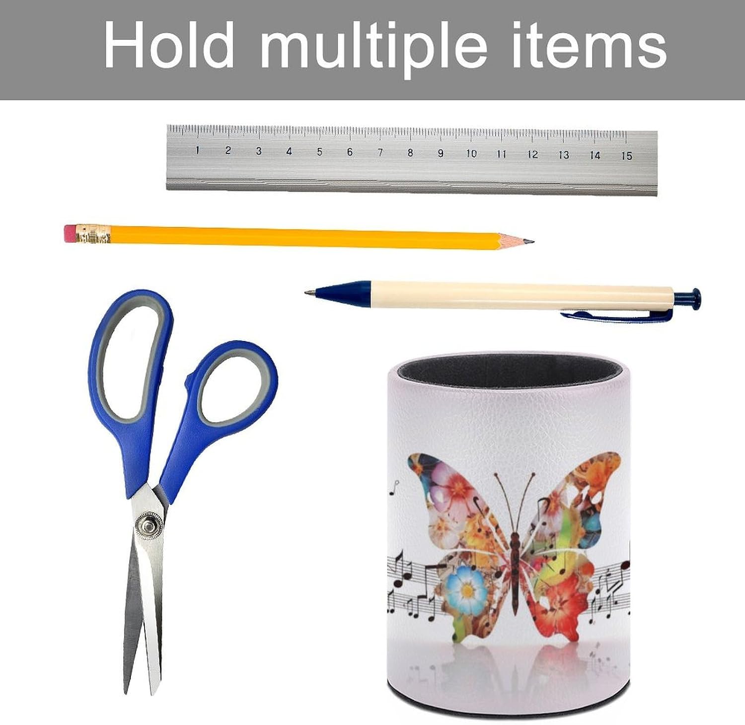 PU Leather Round Pen Holder Music Butterfly Desk Organizer image 5