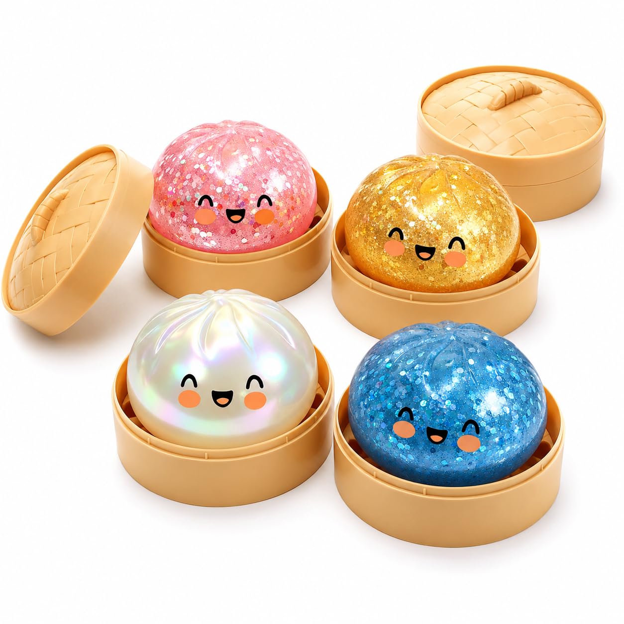 Giant Glitter Dumpling Squishy, Colorful Mystery Stress Dumplings, Cute Soft Calming Unbreakable Figurine Simulation Ball (4 PCS Pink+White+Gold+Blue)
