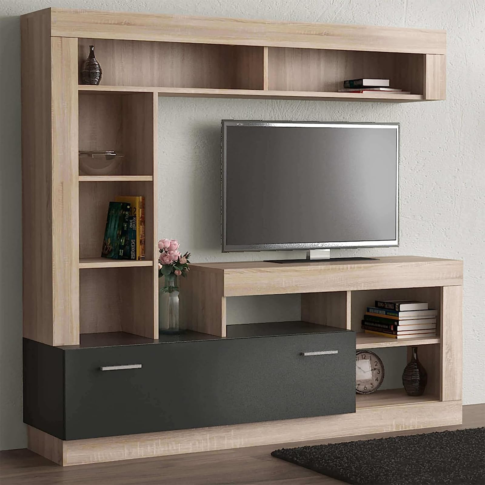 MONDO VIRO Parete attrezzata Living Lea moderna da soggiorno antracite e rovere cm 170x42 170h
