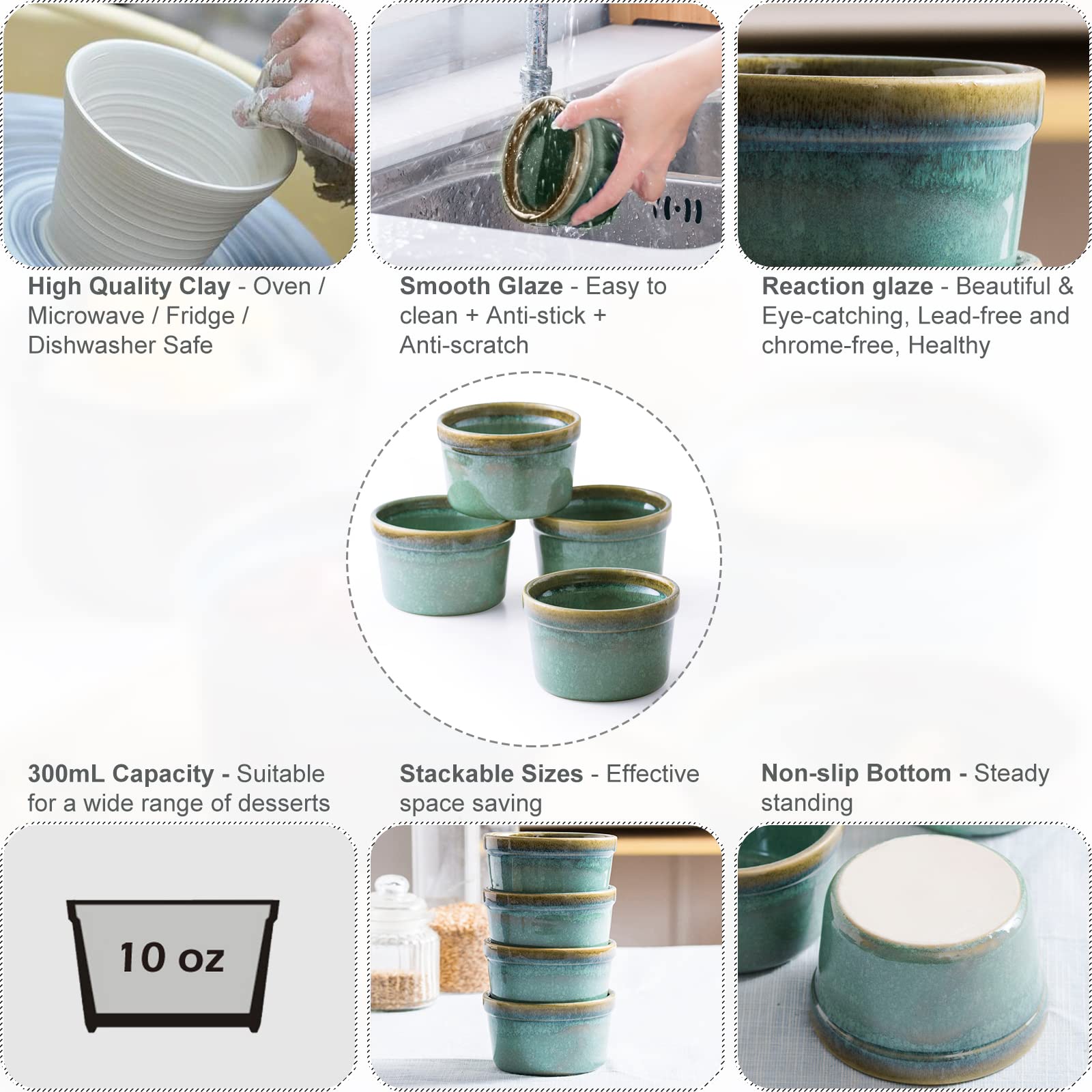 Lot de 4 Moules à Soufflé, 240 mL Ramequins Rond, Bol à Sauce Tapas, Moules pour Pudding, Creme Brulee, Bol à Dessert, Four et Micro-onde Convient (Vert Cristal)