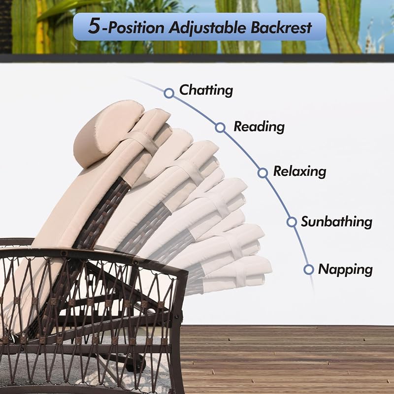 ZZWHOM Outdoor Chaise Lounge Set of 2 Outdoor Wicker Rattan Patio Chairs Recliners with 5-Position Backrest & Thickened Cushions & Wheels for Backyard Pool Beach image 5