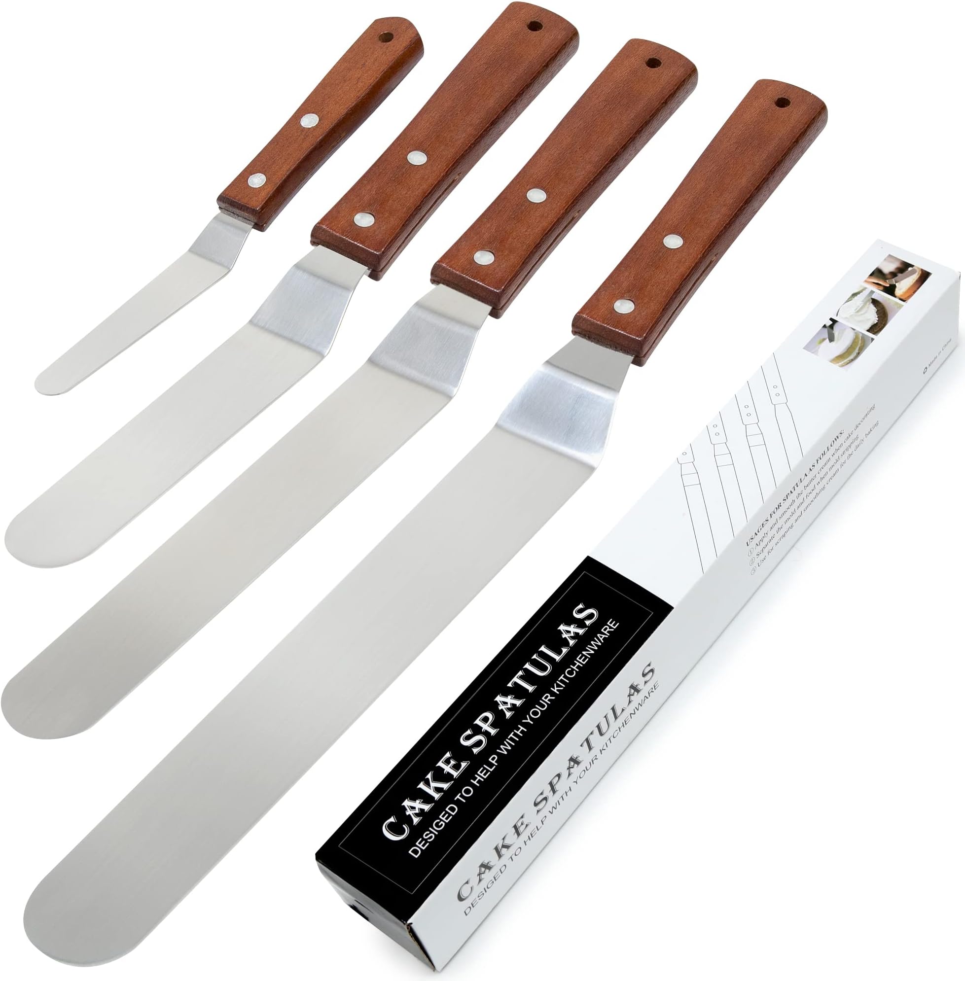Icing Spatula, Stainless Steel Angled Icing Spatulas Set Baking Palette Knife, Professional Wooden Handle Large and Small Cake Frosting Spatula for Kitchen