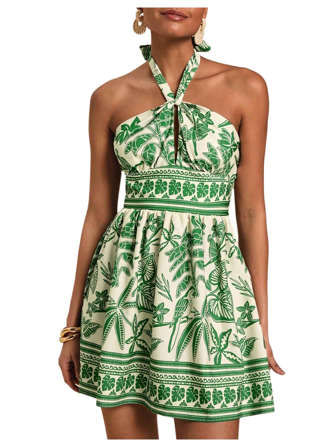 SOLY HUX Women's Summer Tropical Sundress Halter Vacation Mini Dress Tropical, Vacation Dress, Halter, Backless, Sleeveless, A Line, Short Dresses