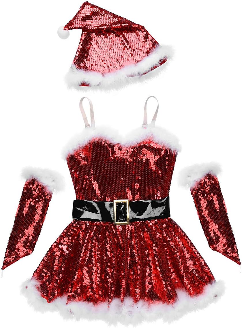 Kids Girls Sequins Figure Ice Skating Dance Tutu Dress Feather Santa Christmas Outfits with Hat Arm Sleeves