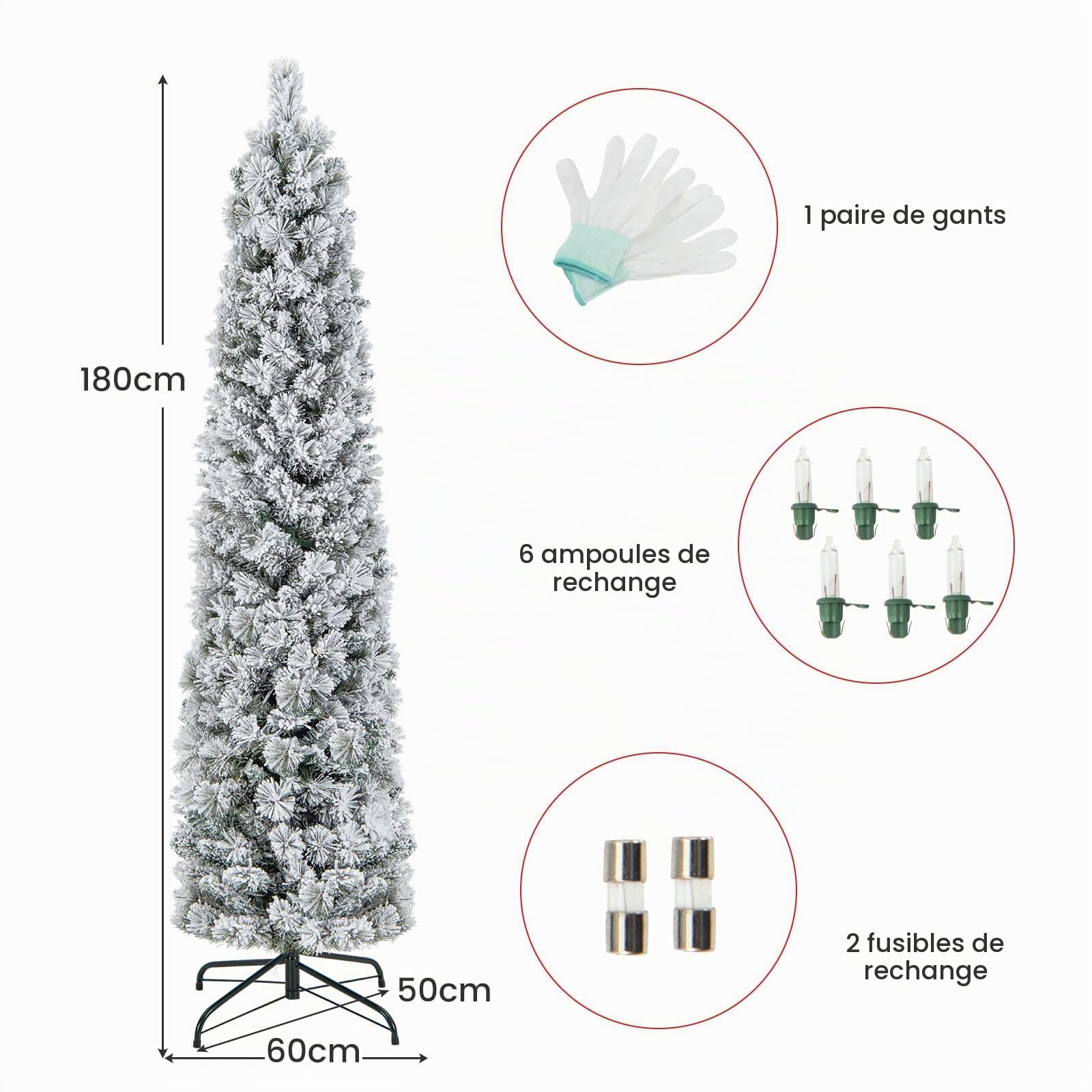 LIFEZEAL Sapin de Noël Fin Artificiel Enneigé 180cm avec 150 LED | Arbre de Noël avec 373 Branches de Pin Épaisses pour Intérieur et Extérieur