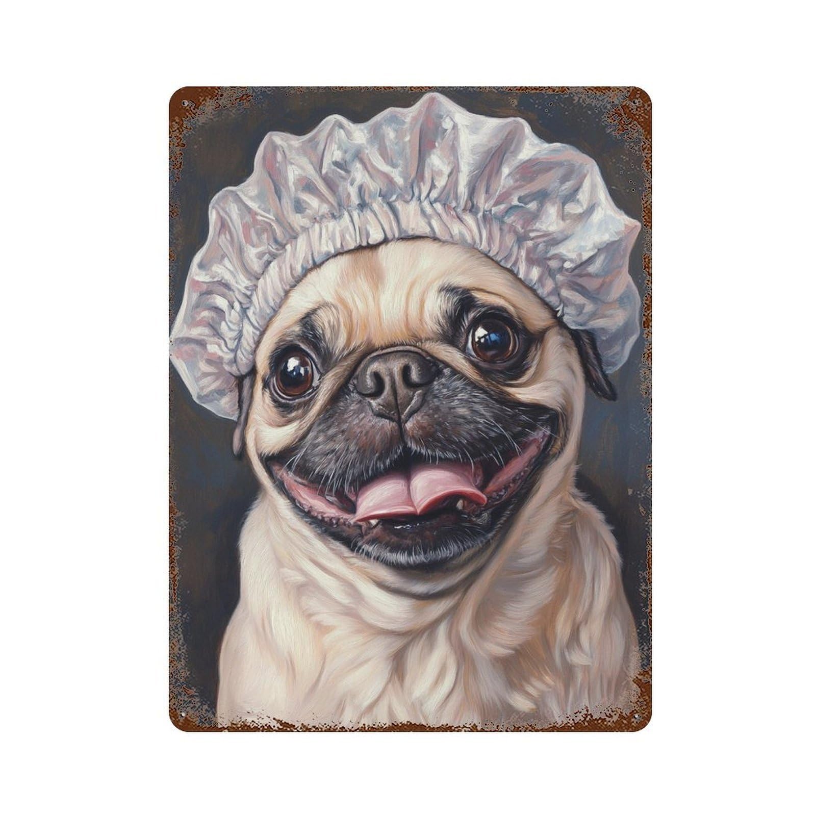 Pug Dog Bath Cap Vintage Rust Metal Sign 15.7"x11.8", for Basement, Hobby Room And Garage Decor, Farmhouse Wall Decor