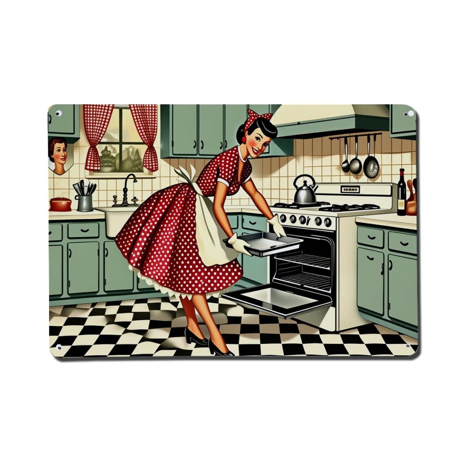 Red Polka Dot Dress Apron Checkered Floor Tin Sign Vintage Metal Poster, Home Bar Garage Man Cave Cafe Indoor & Outdoor Wall Decoration 8x12Inches
