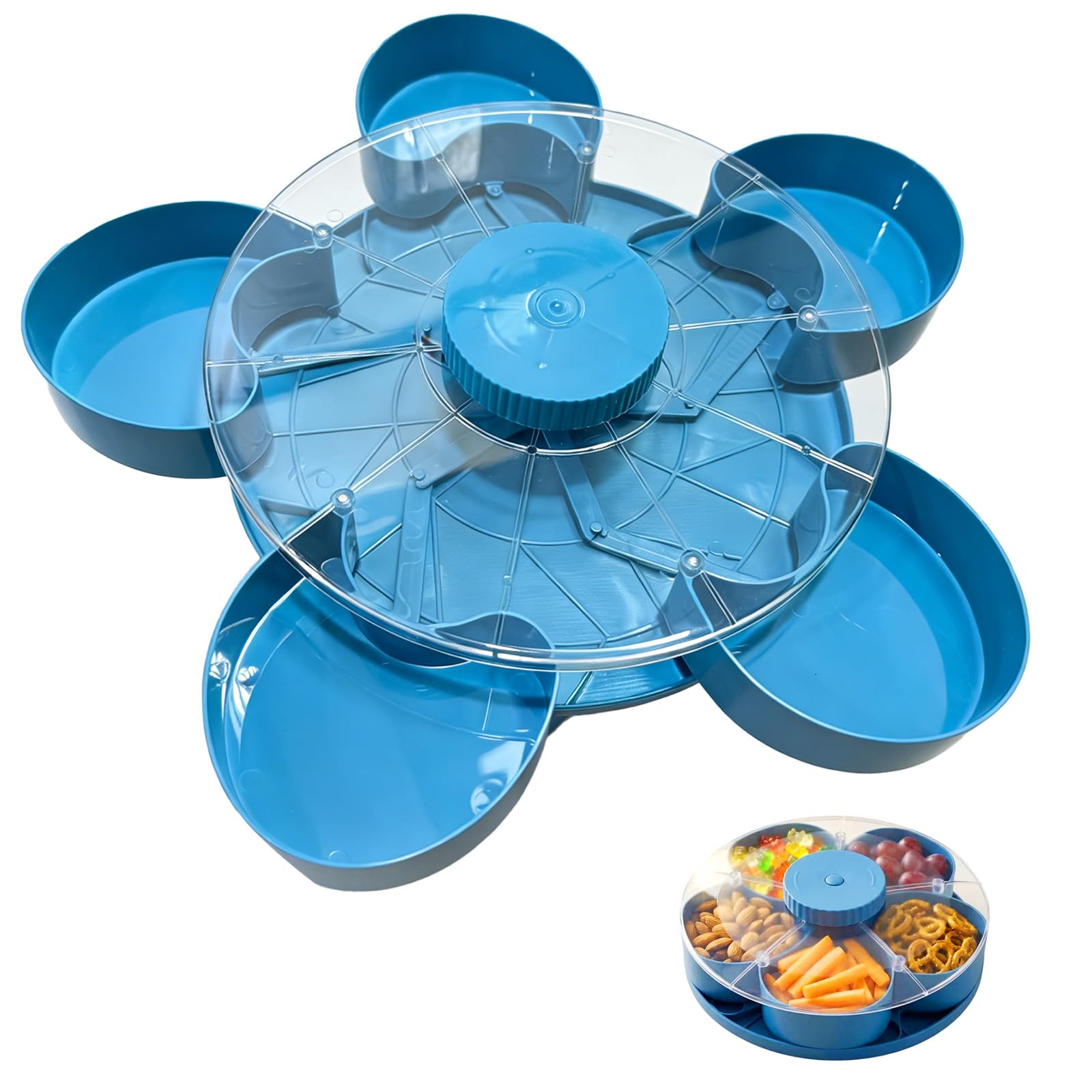 Divided Serving Tray, Snack Spinner, snackle Box Container for Fruits, Veggies, Appetizers with Lid, 5-Compartment, 8.46 × 8.46 × 1.89 inch