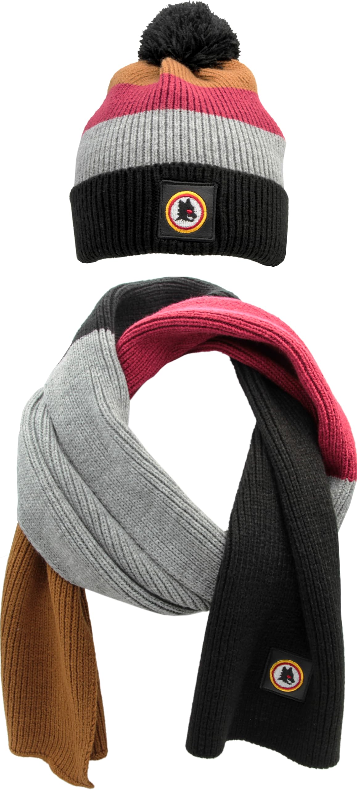 AS Roma SET KIDS LUPETTO LOGO LEATHER PATCH KNITTED SKIPPER BEANIE & SCARF