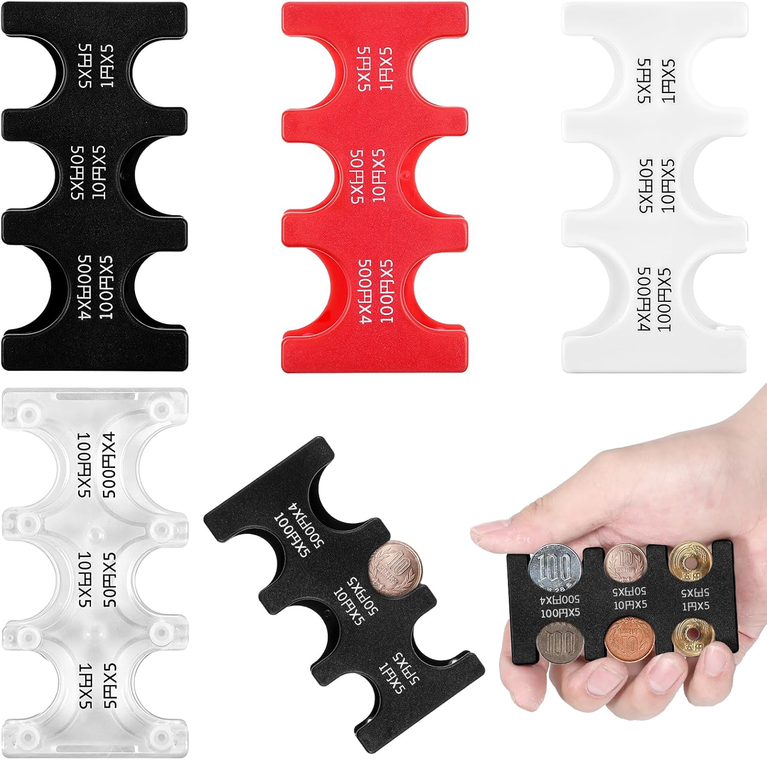 4 Pcs Japanese Yen Coin Holder Coins Trays Boxes Plastic Coin Sorter Organizer and Dispenser with 6 Slots Portable Storage Hard Case Organiser for Travel Car Coins Storage White, Black, Red, Transparent