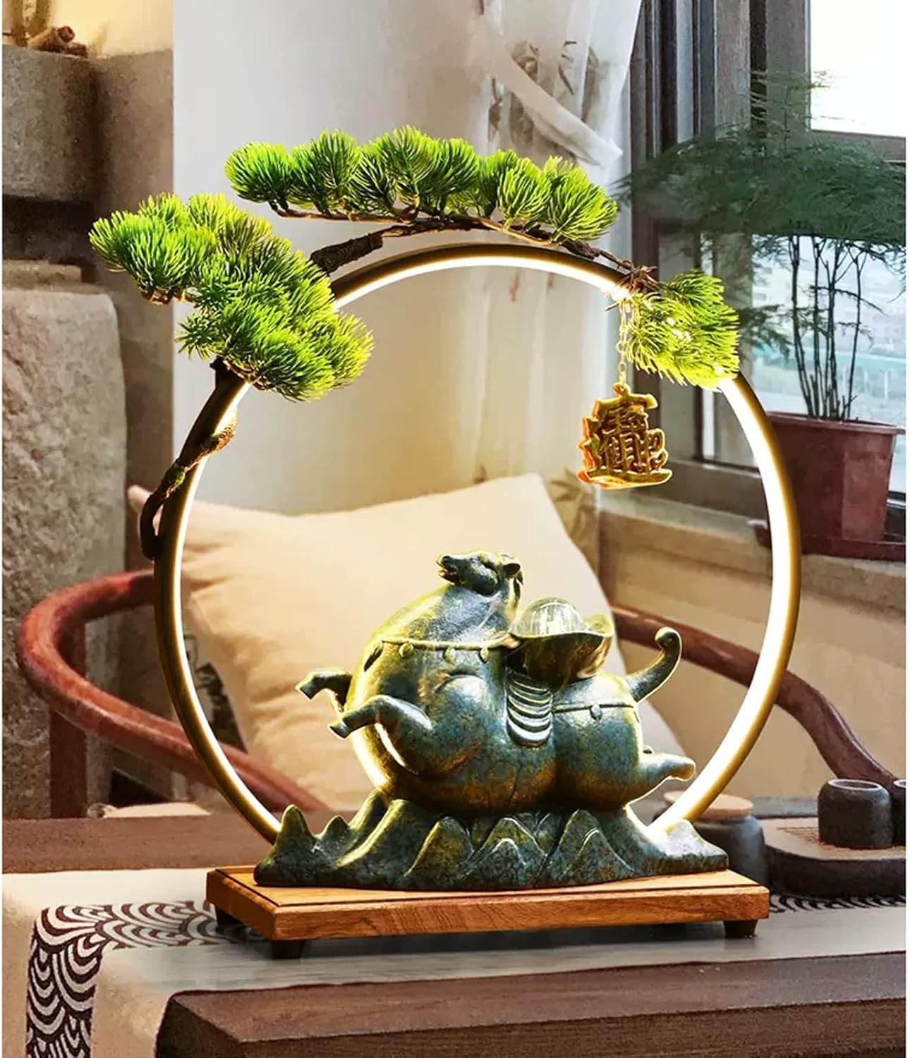 噴水 セラミック卓上噴水 滝噴水 屋内装飾 噴水 風水 富の装飾 デスクトップ装飾品 丸いLEDライトとフェイクツリー装飾付き