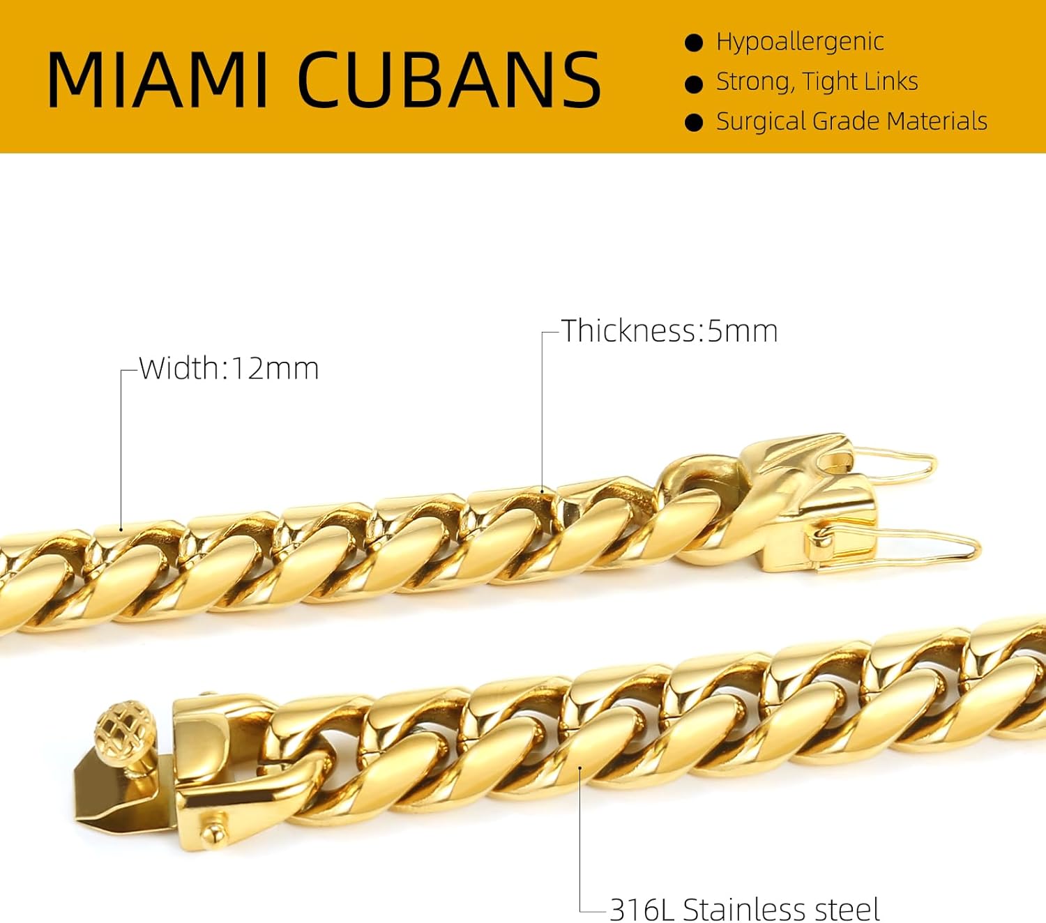CaptainSteeL Miami Cuban Link Chain Necklace for Men/Women,316L Stainless Steel/Gold Plated 12MM Width 18"/20"/22"/24" Length,Thick Chain for men Hip Hop Jewelry with Gift Box - Image 2