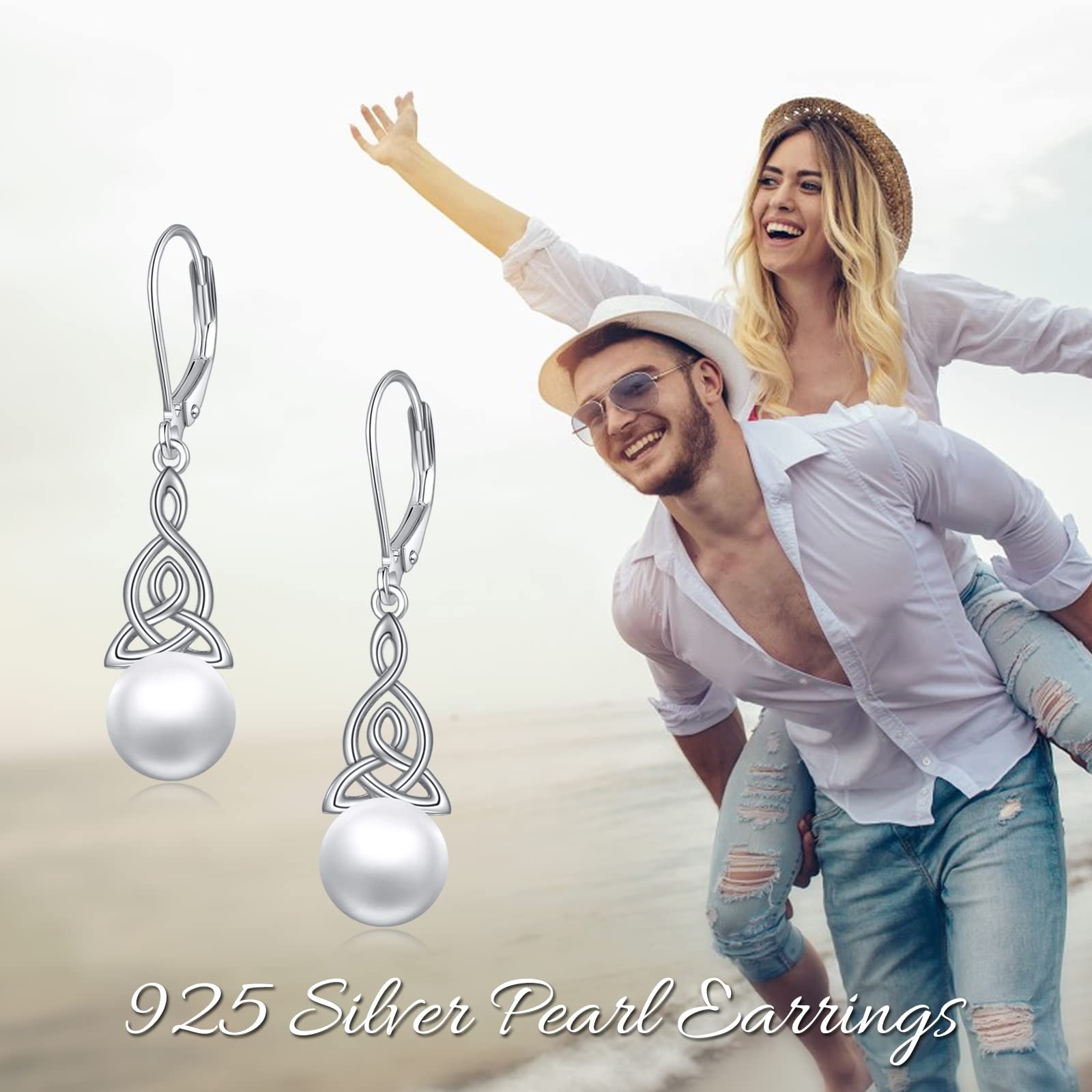 Perlen Ohrringe für Damen 925 Sterling Silber Irischer Keltischer Knoten Creolen Leverback Schmuck Geschenke für Mama Mutter Mädchen Freunde