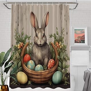 Batmerry Easter Bunny with Eggs Decor Shower Curtain, Rabbit with Colorful Eggs Bathroom Decor Polyester Fiber Plastic Rings Quick-Drying Waterproof for Bathtubs/Bathroom, 72x60 inches
