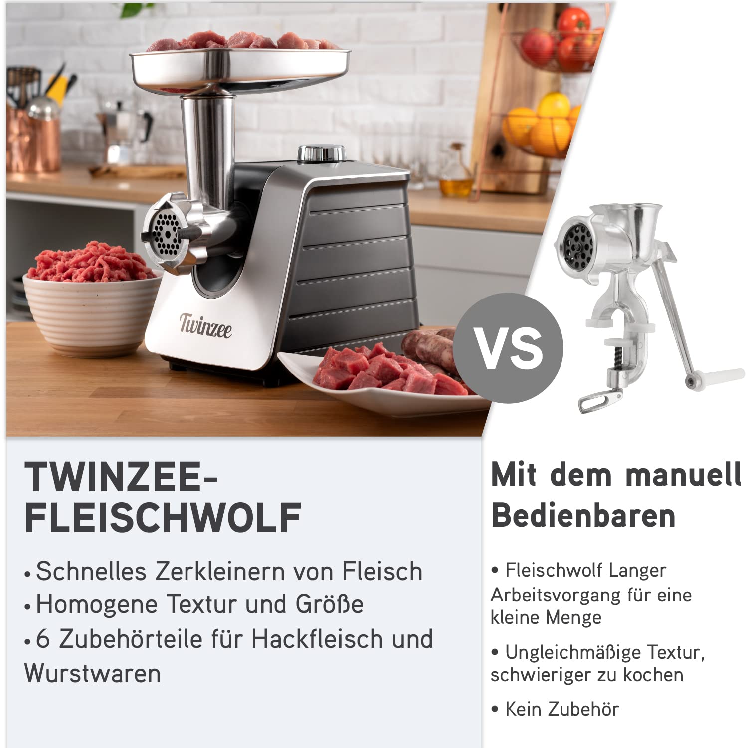 Twinzee - Elektrischer Fleischwolf mit Wurstfüller, Schwarz - Für Fleisch und Wurst - Küchenmaschine, Fleischwolf mit 3 Lochscheiben und 3 Wurstaufsätze