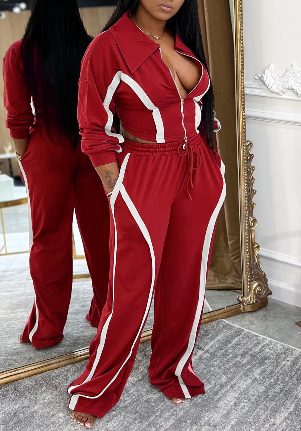 Geulis Fall Sweatsuits Women 2 Piece Outfit Long Sleeve Zipper Cropped Jacket Drawstring Wide Leg Sweatpants Set