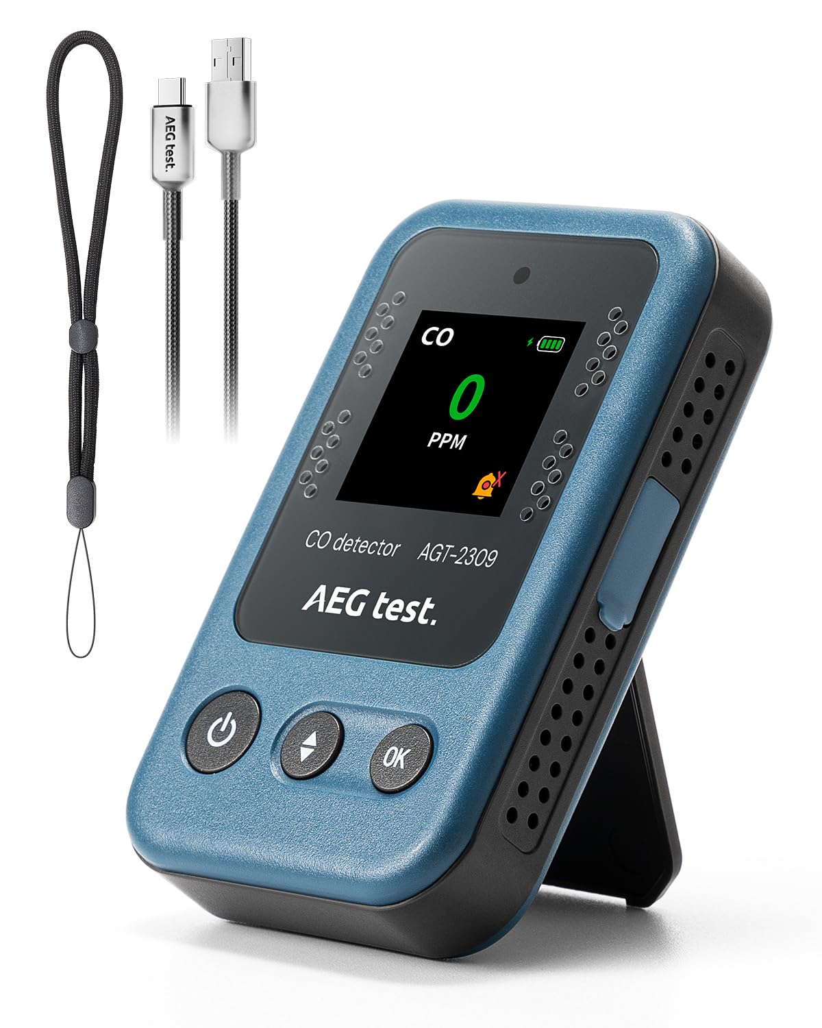 AGT-2309 Kohlenmonoxidmelder, 15 Tage Standby, Wiederaufladbarer Mini-CO-Monitor mit Umhängeband für Reisen & Camping, Handliches CO-Messgerät mit akustischen & visuellen, 0–1000 ppm – Blau