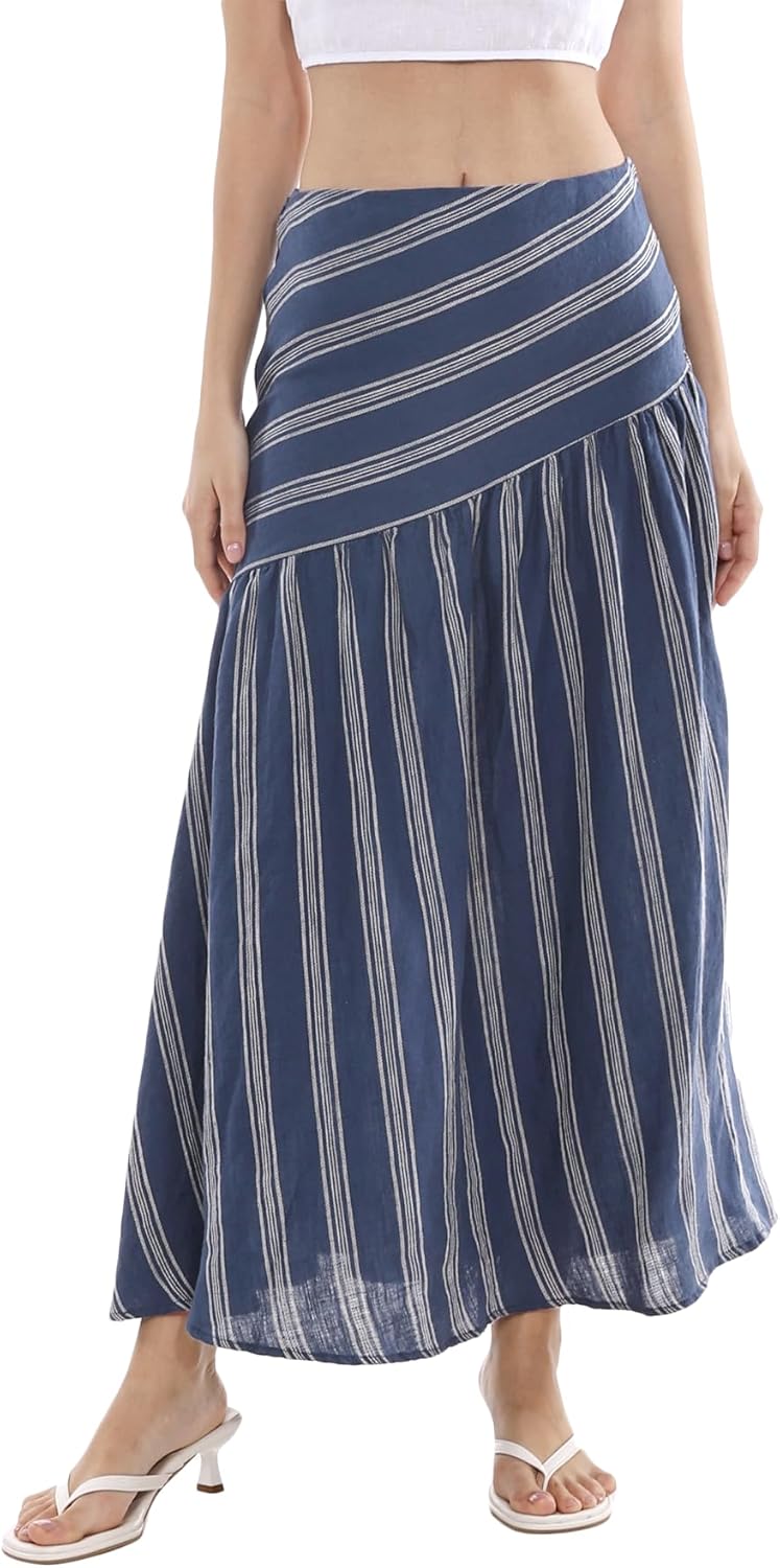Amazhiyu Women's 100% Linen Stripe Summer A-Line Midi Skirt Elastic Waist