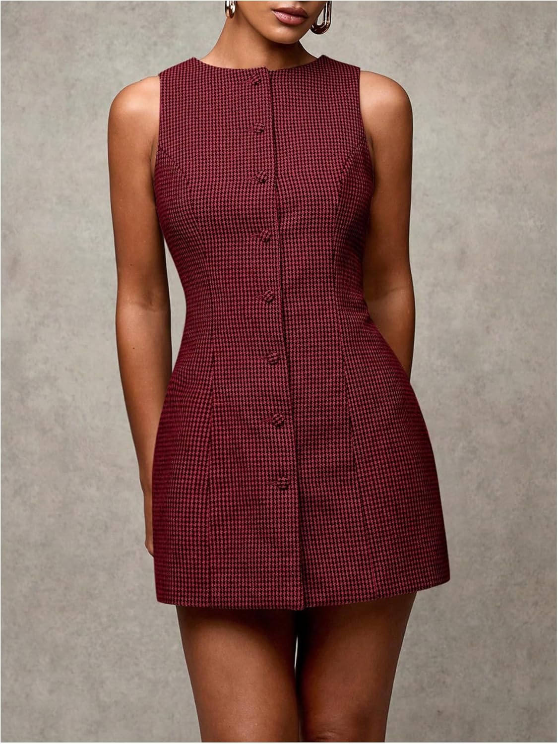 SOLY HUX Women's Plaid Button Down Dress Crew Neck Sleeveless Tie Back Work Office Mini Dresses - Image 3