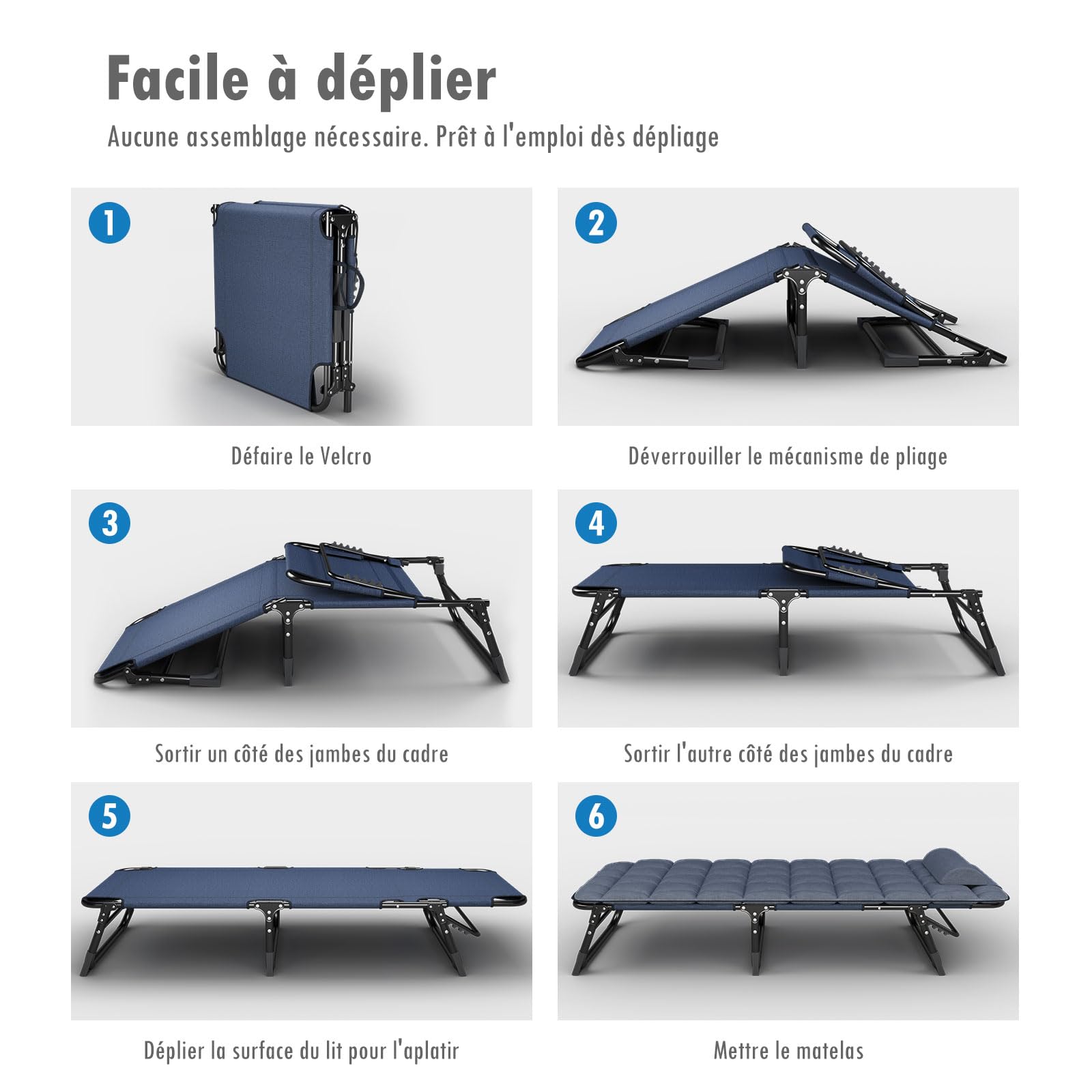 ATORPOK SHOP Bain de Soleil avec Dossier 4 pos réglable, lit de Camping Multi-usages Portable et Chaise Longue inclinable pour Jardin/Piscine/Terrasse, Matelas rembourré et Oreiller - Bleu