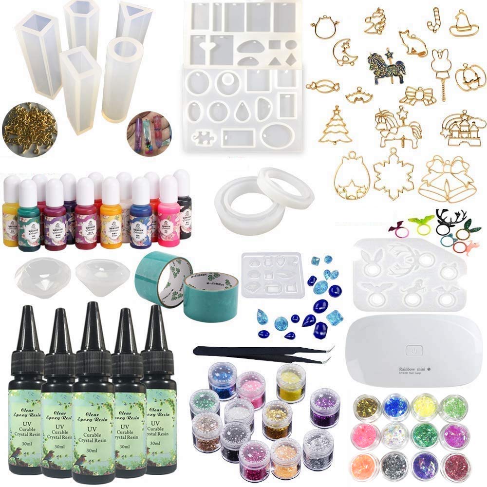 Klarer UV-Harz Bastelsatz mit Farbe Flüssiges Pigment 12 Formen zur Herstellung von Anhängern Ohrringe Ringe Armbänder Diamanten Schmuck + 58 Dekorationen Glänzende Glitzer Blumen + Tragbare Lampe
